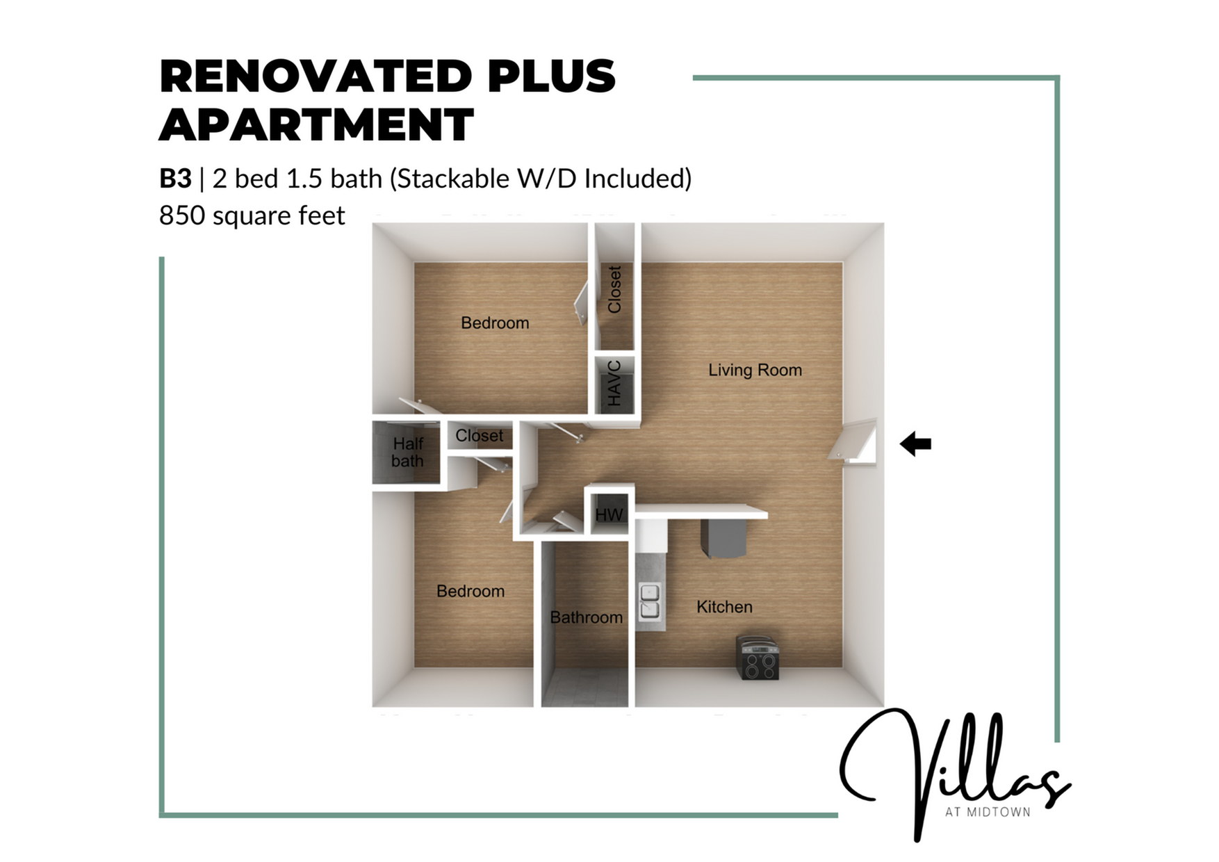 Renovated Plus Apartment floor plan showing a modern 2-bedroom layout with 1.5 baths, open kitchen, spacious living room, and convenient stackable W/D area. Total 850 square feet at Villas at Midtown.