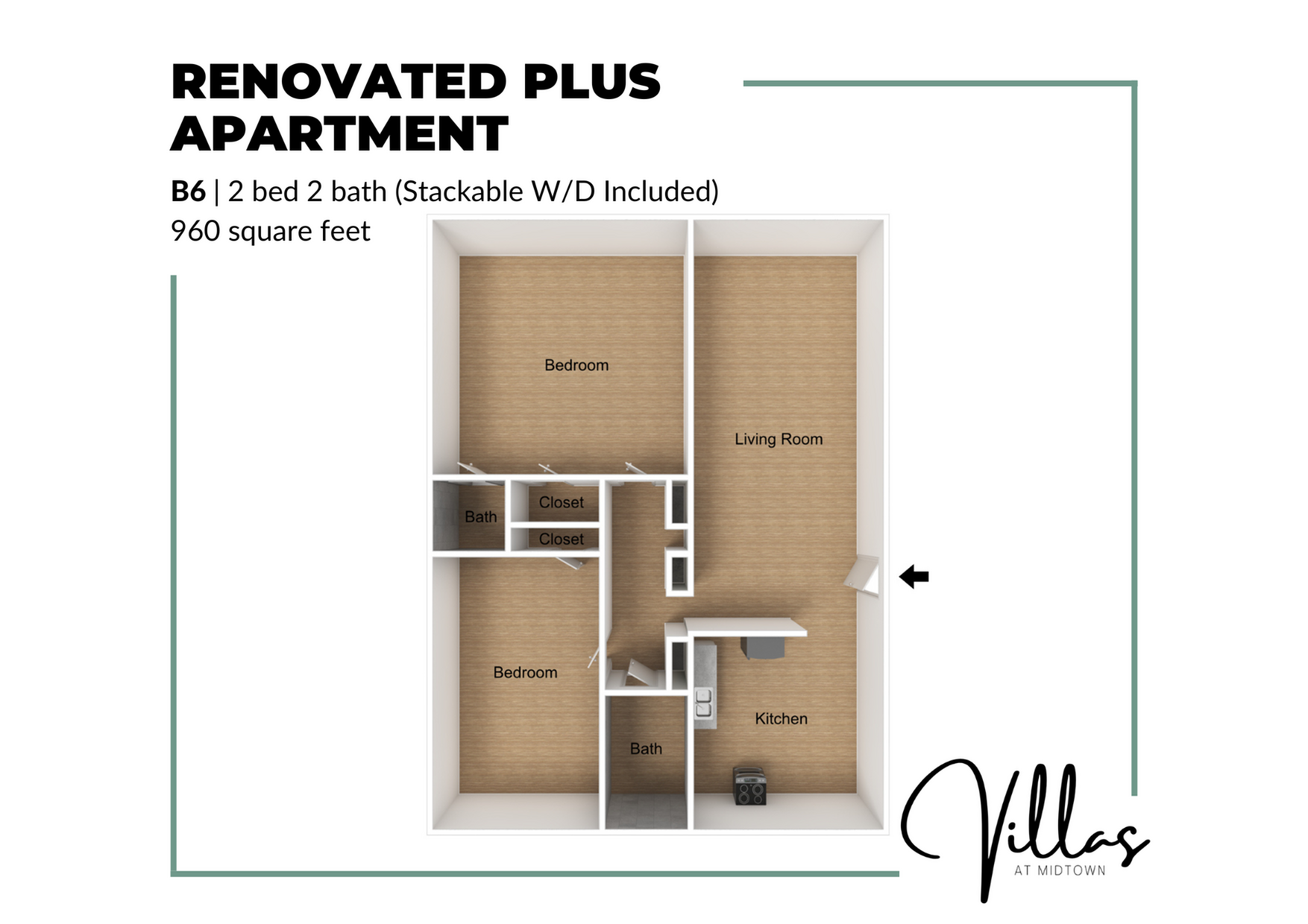 Renovated Plus Apartment: Modern floor plan showcasing 960 sq ft with 2 bedrooms, 2 bathrooms, sleek kitchen, and spacious living room. Includes stackable washer/dryer.