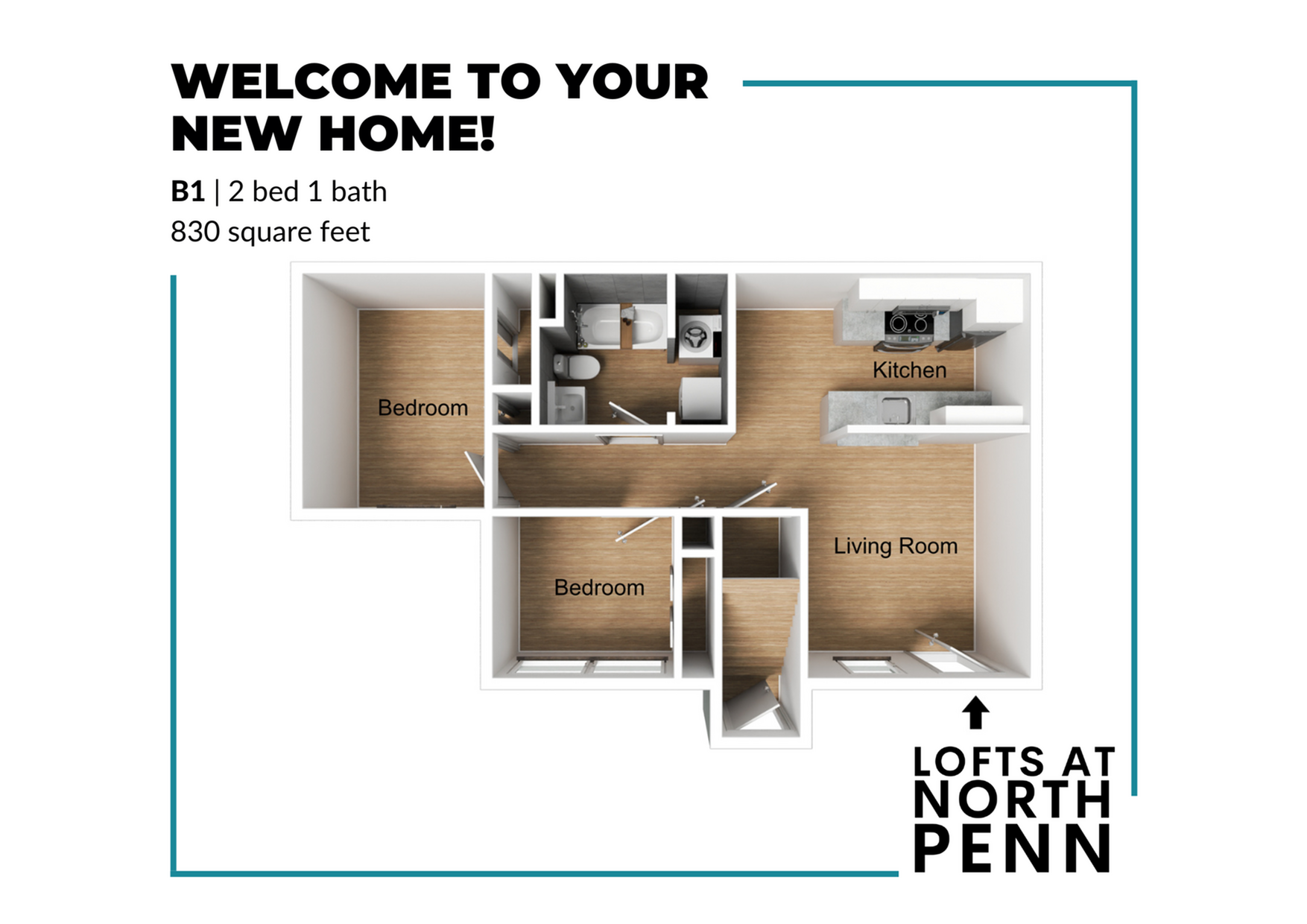 Inviting B1 floor plan showcasing 2 bedrooms, a modern kitchen, and a cozy living room in 830 square feet at Lofts at North Penn.