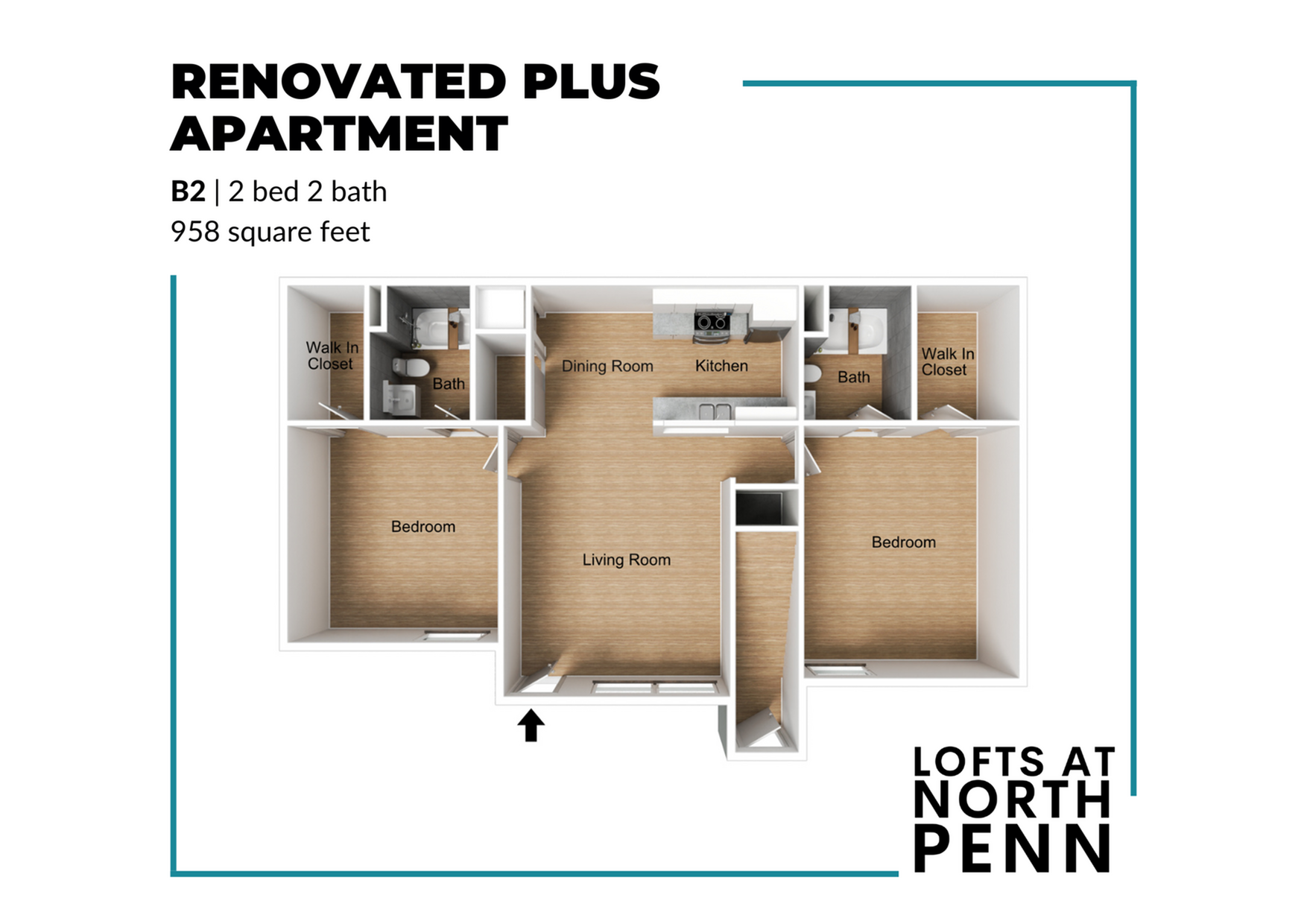 Modern B2 floor plan featuring 2 bedrooms, 2 baths, a spacious living room, dining area, and kitchen with walk-in closets, covering 958 square feet. Perfect for stylish living at Lofts at North Penn.