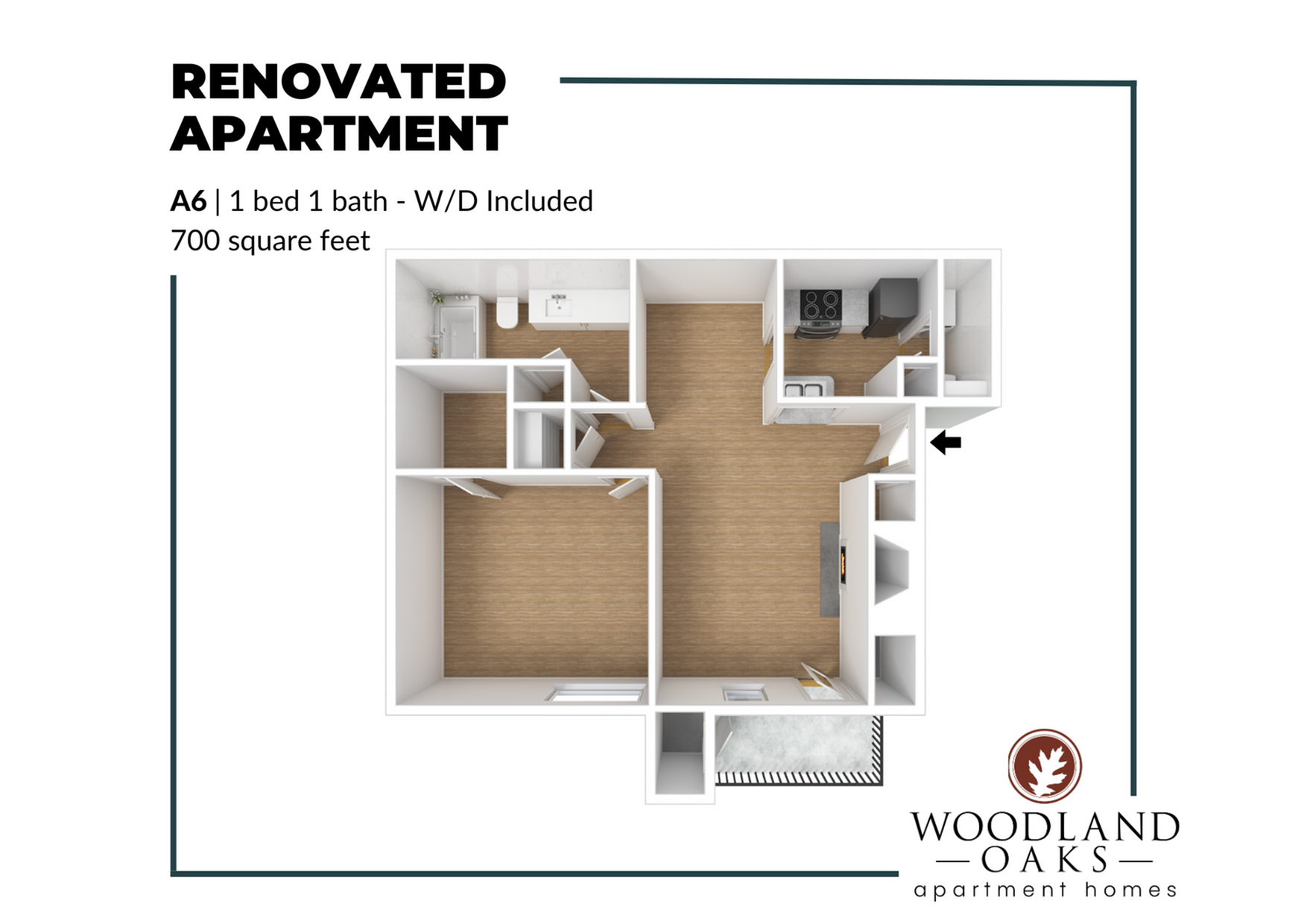 Charming floor plan for a renovated apartment at Woodland Oaks, featuring 1 bedroom and 1 bathroom, complete with washer and dryer in 700 square feet of elegant living space.
