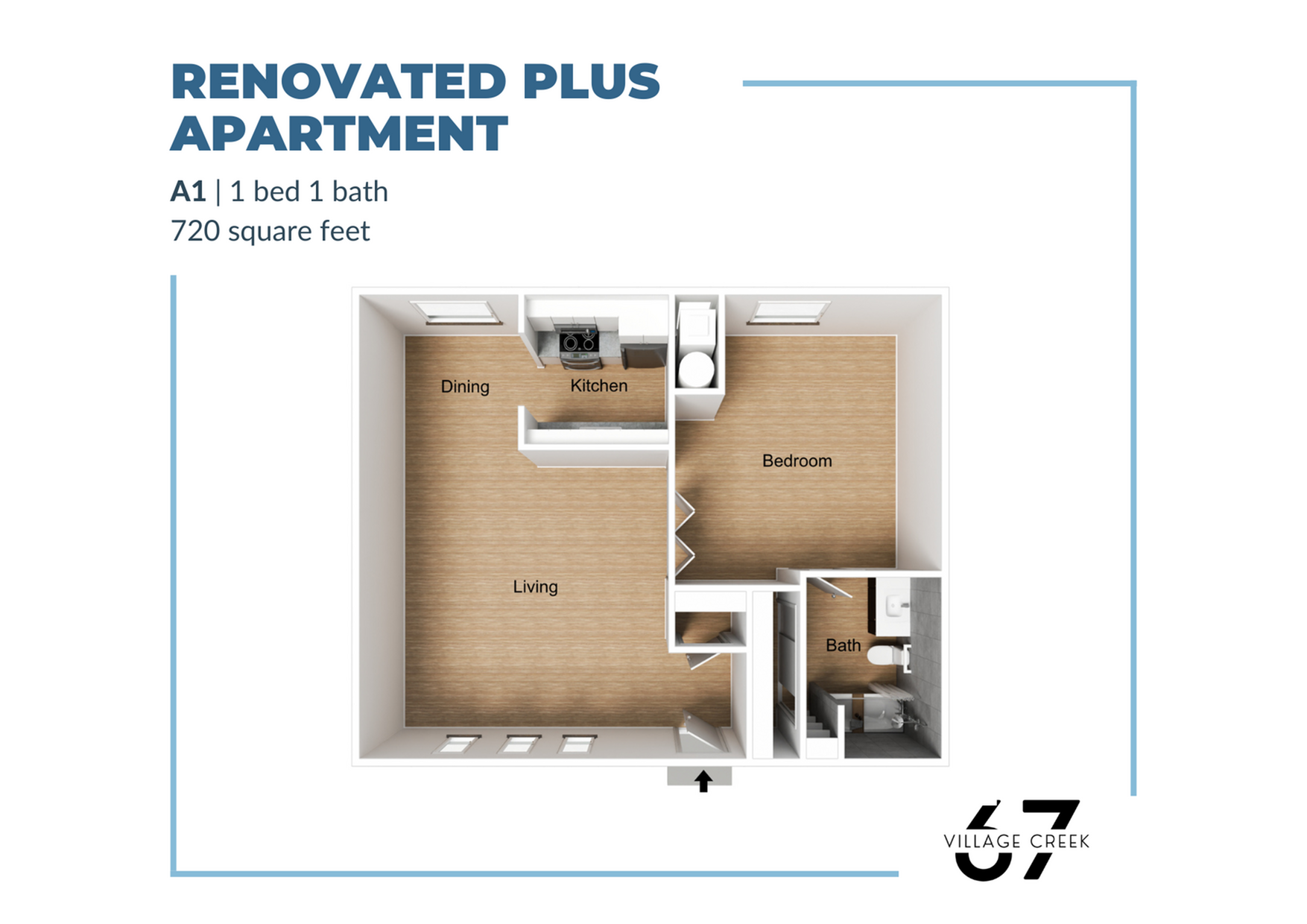 Renovated Plus Apartment A1 with 1 bedroom and 1 bath, spacious 720 sq ft layout including kitchen, dining, and living areas.