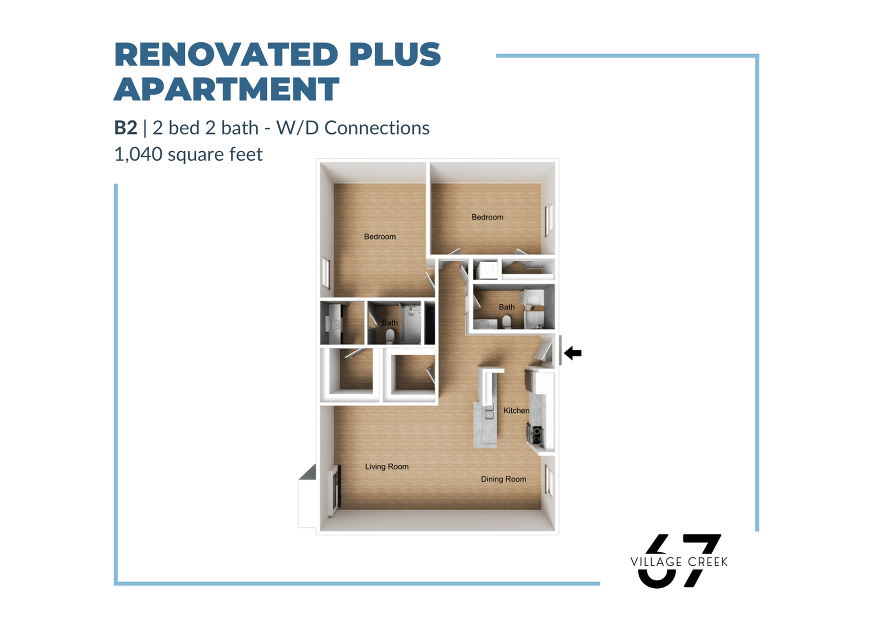 Renovated Plus Apartment floor plan with 2 bedrooms, 2 bathrooms featuring W/D connections, open living and dining areas, spacious kitchen, and 1,040 sq ft.