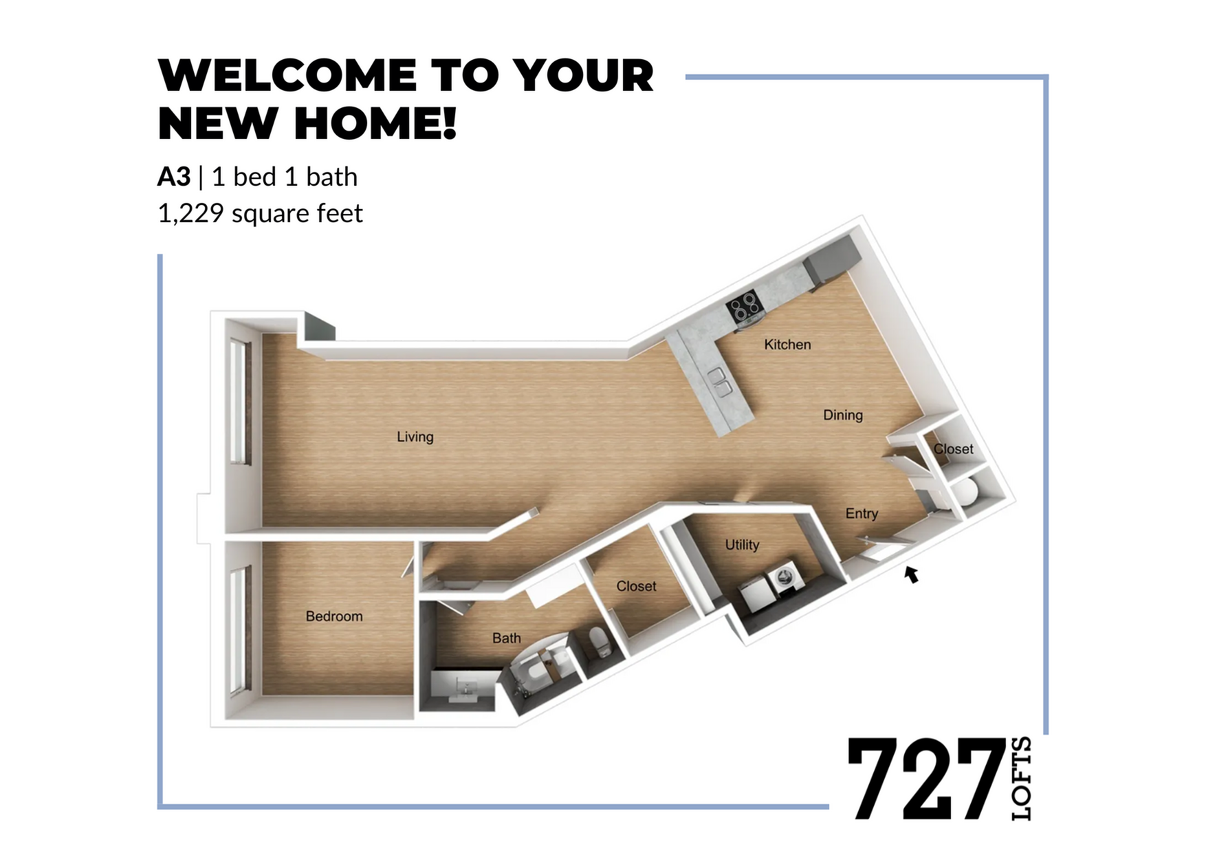 Welcome to your new home with this artistic 3D floor plan of A3 model featuring 1 bedroom, 1 bath, spacious living room, modern kitchen, dining area, and utility space within 1,229 square feet at 727 Lofts.