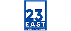 Logo for 23 East Apartments & Villas, featuring bold blue typography on a white background.