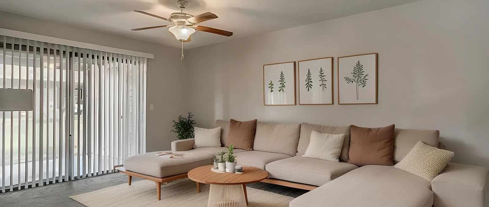 Inviting living room with a modern beige sectional, elegant wall art, and abundant natural light through large sliding doors.