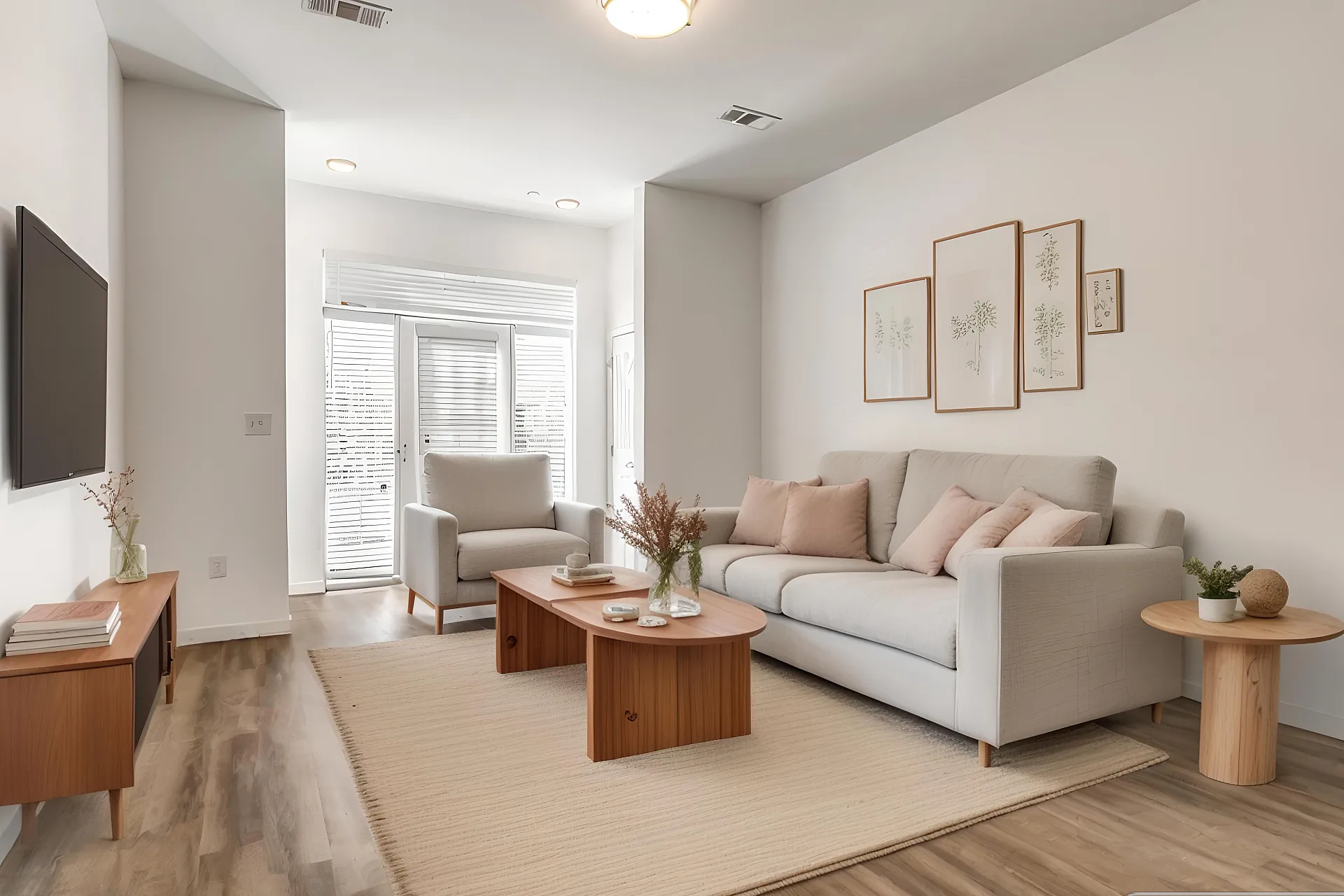 Bright, modern living room with sleek wood flooring, cozy sofa adorned with soft cushions, stylish coffee tables, and tasteful wall art, offering a warm and inviting atmosphere.