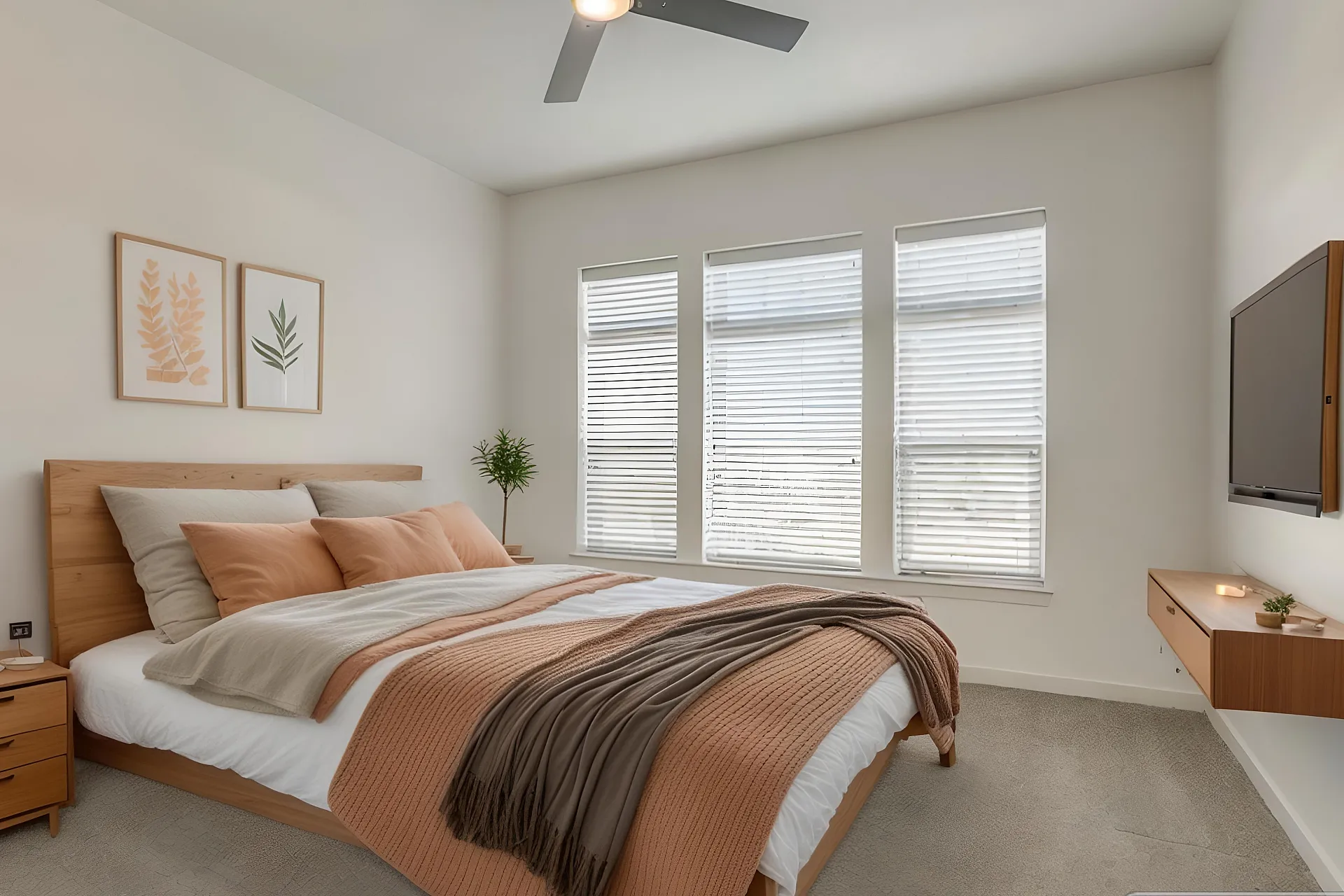 Bright and elegant bedroom featuring a modern bed with cozy linens, stylish artwork, and a sleek wall-mounted TV.