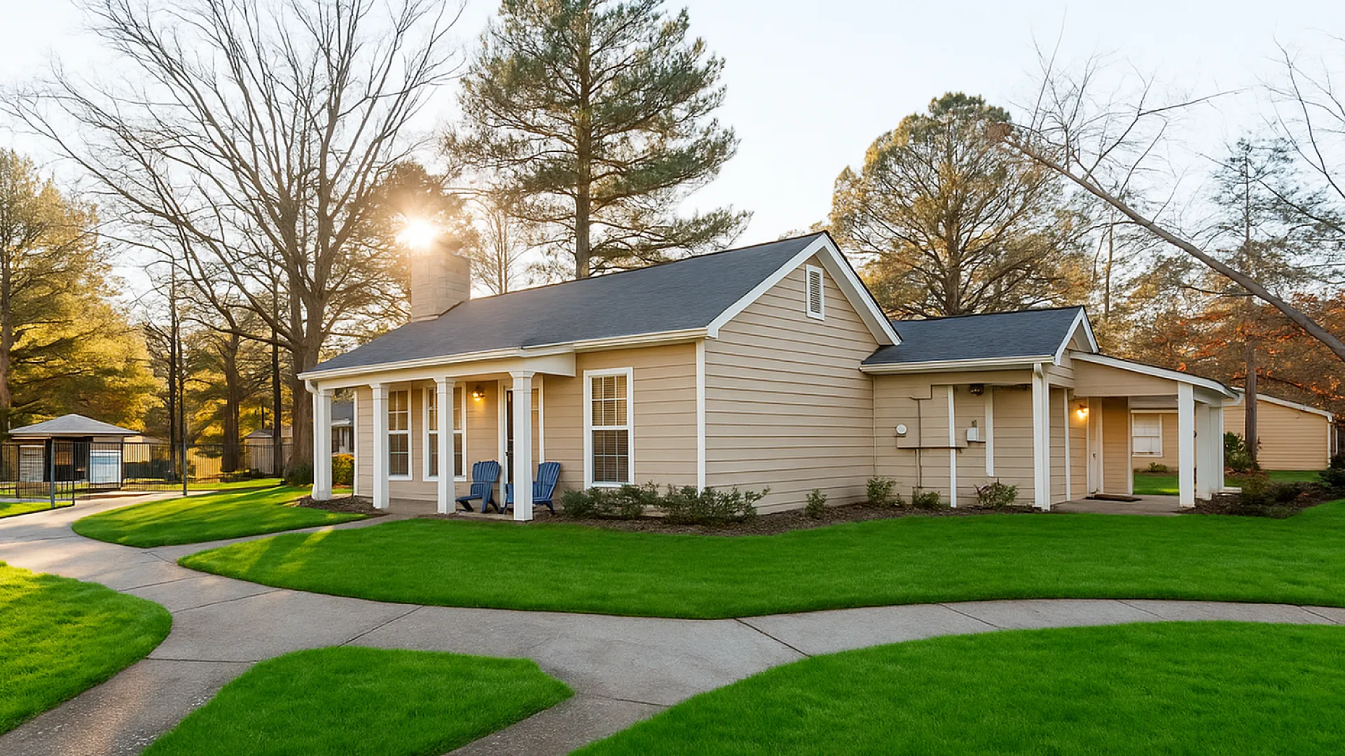 Charming single-story home with inviting front porch, surrounded by lush green lawn and tall trees.