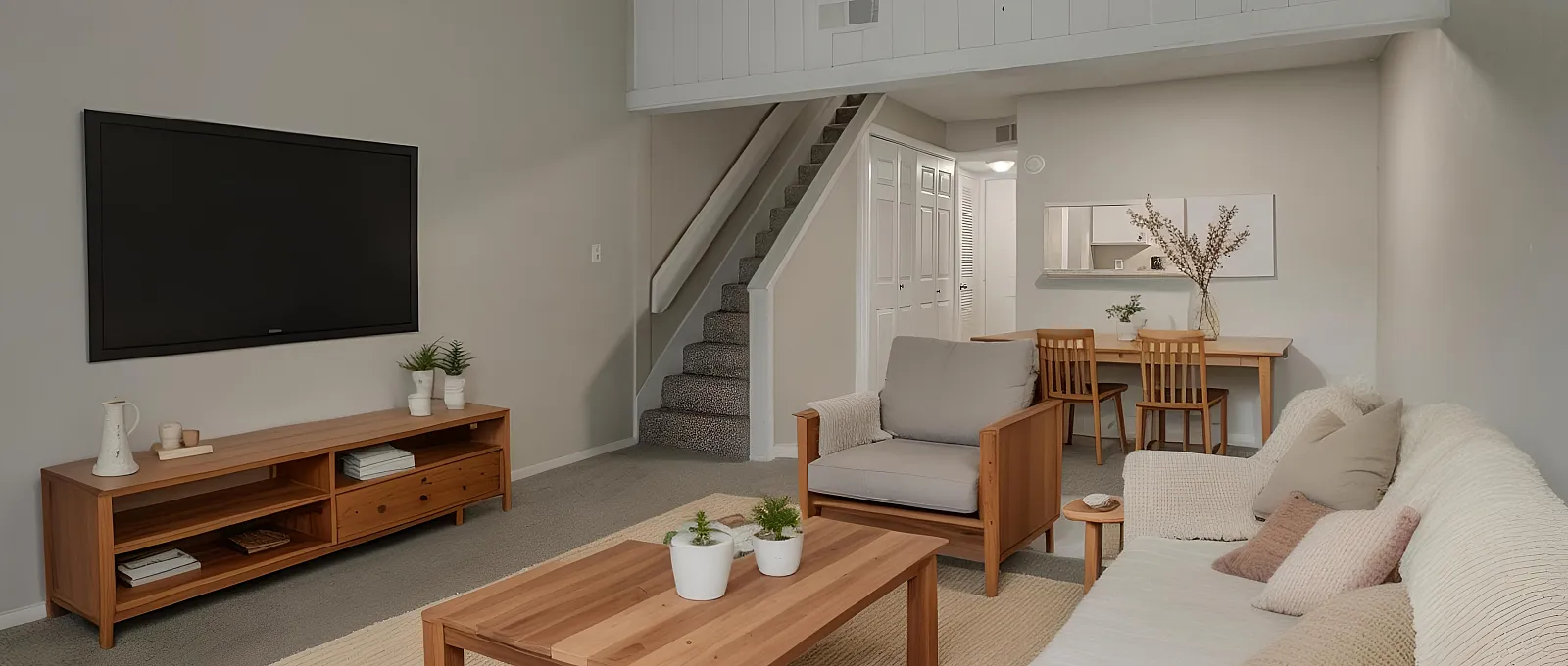Charming living room with elegant wooden furniture, cozy seating, and a modern staircase leading to an upper level.