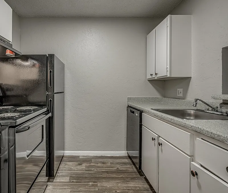 Contemporary kitchen with sleek black appliances, modern cabinetry, and a spacious countertop for versatile cooking.