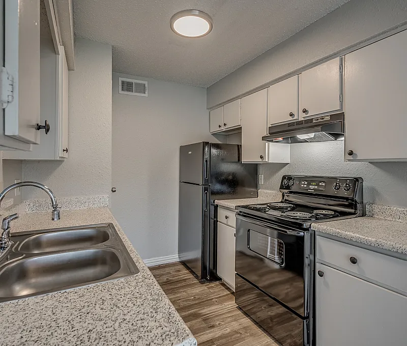 Modern kitchen with sleek granite countertops, contemporary cabinetry, and stainless steel appliances for stylish living.