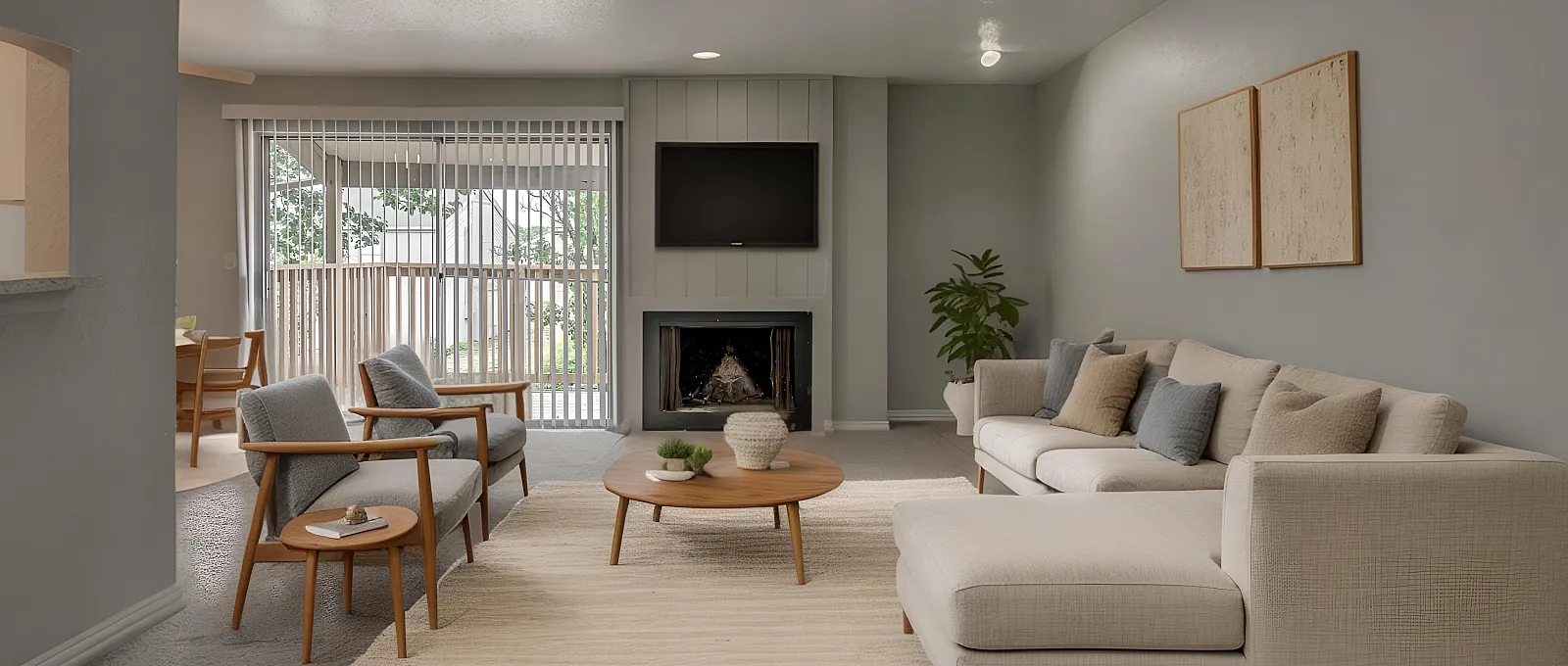 Inviting living room with cozy sectional sofa, modern armchairs, and a fireplace, complemented by natural light from sliding glass doors.