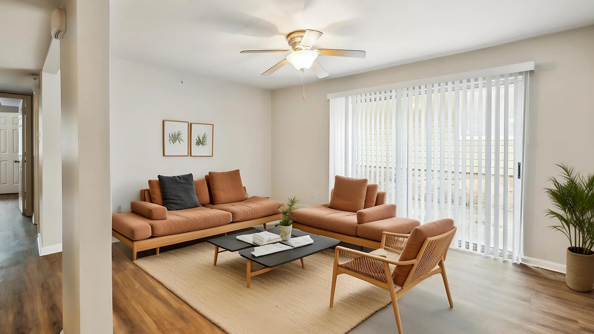 Modern living room featuring chic orange sofas, a stylish wicker chair, and elegant wooden flooring bathed in natural light from large sliding glass doors.