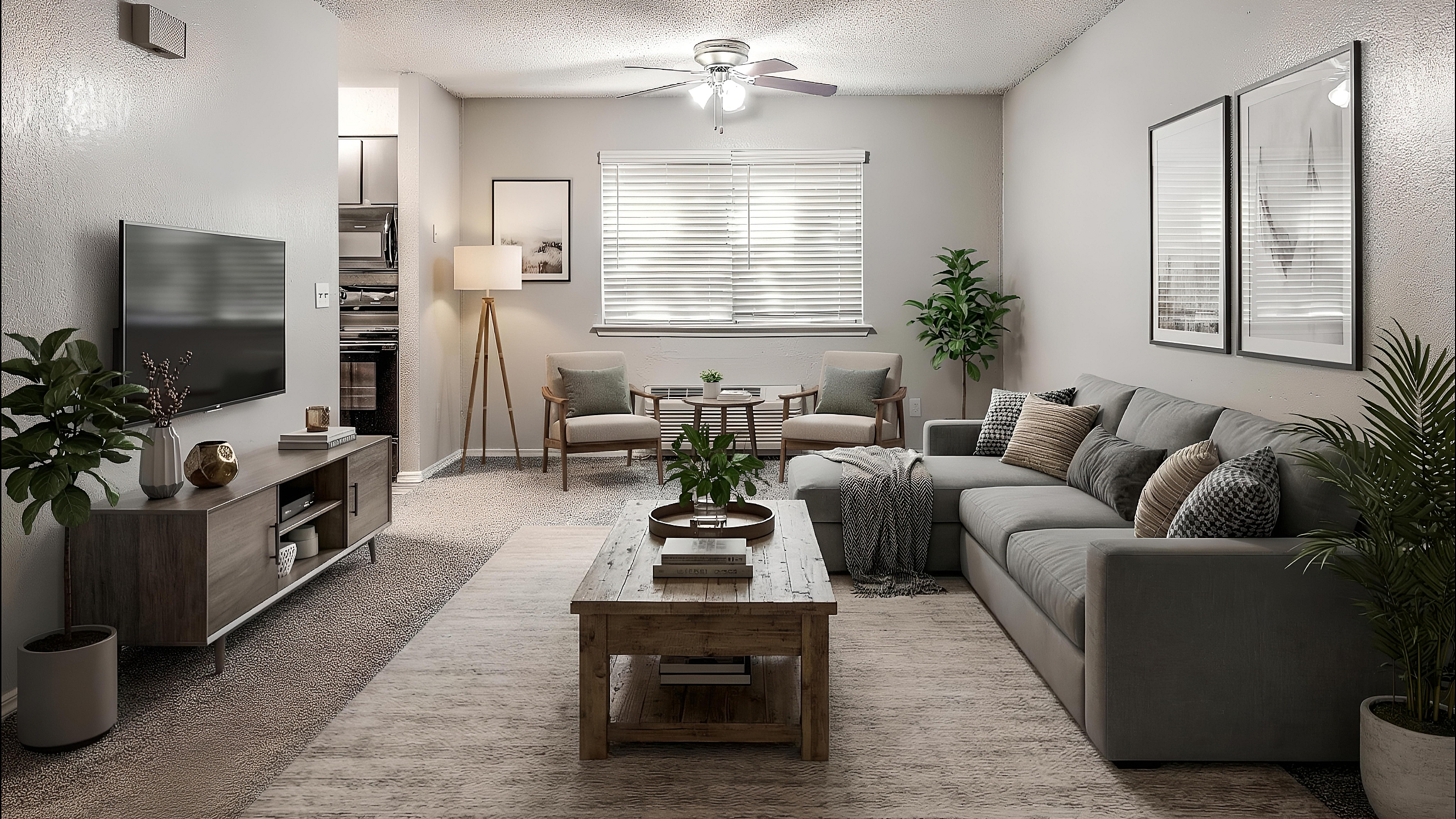 Inviting living room with modern decor, cozy gray sofa, and abundant natural light, perfect for relaxation.
