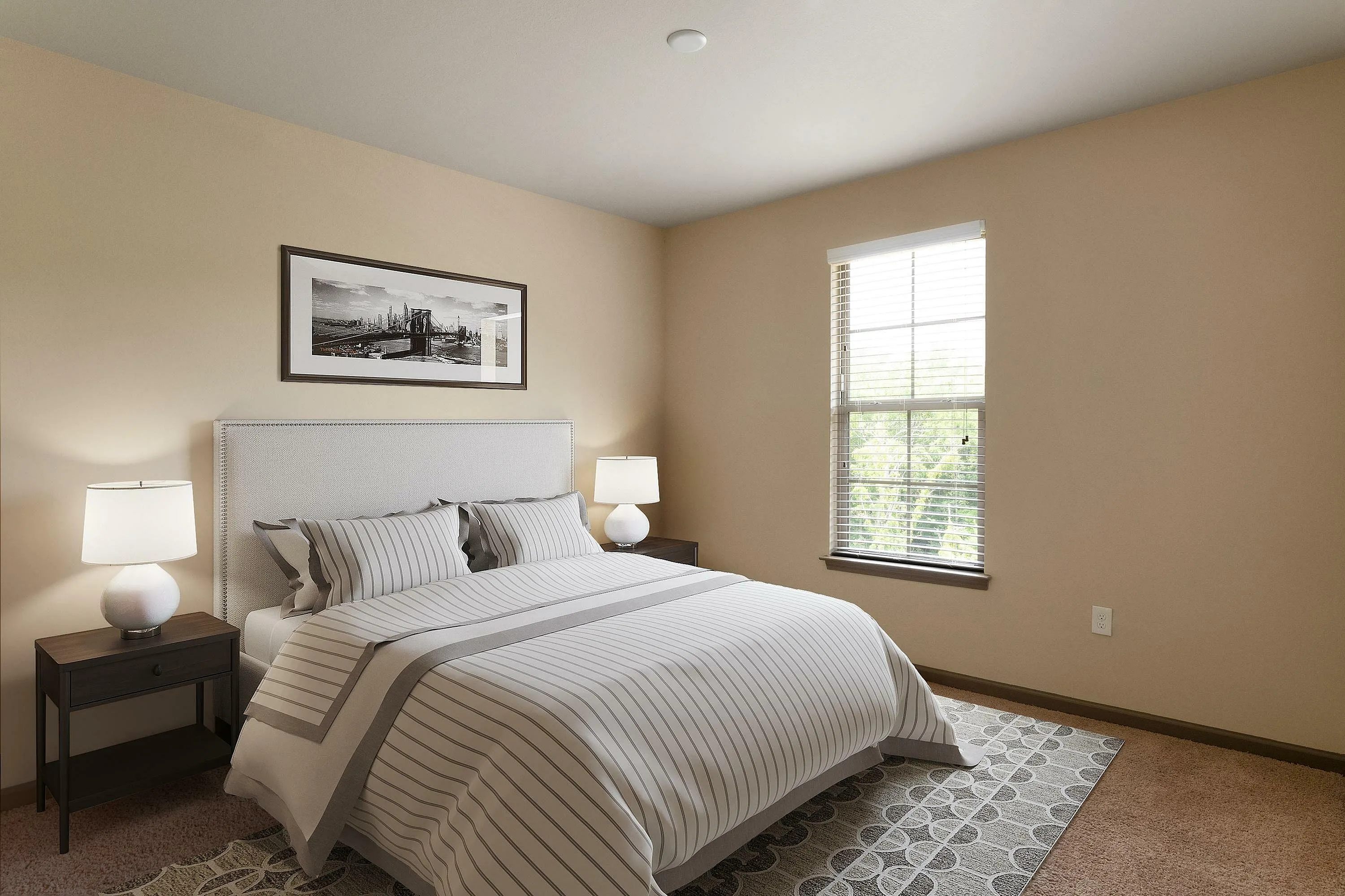 Inviting bedroom with stylish decor featuring a double bed, elegant side tables, and natural light through a large window.