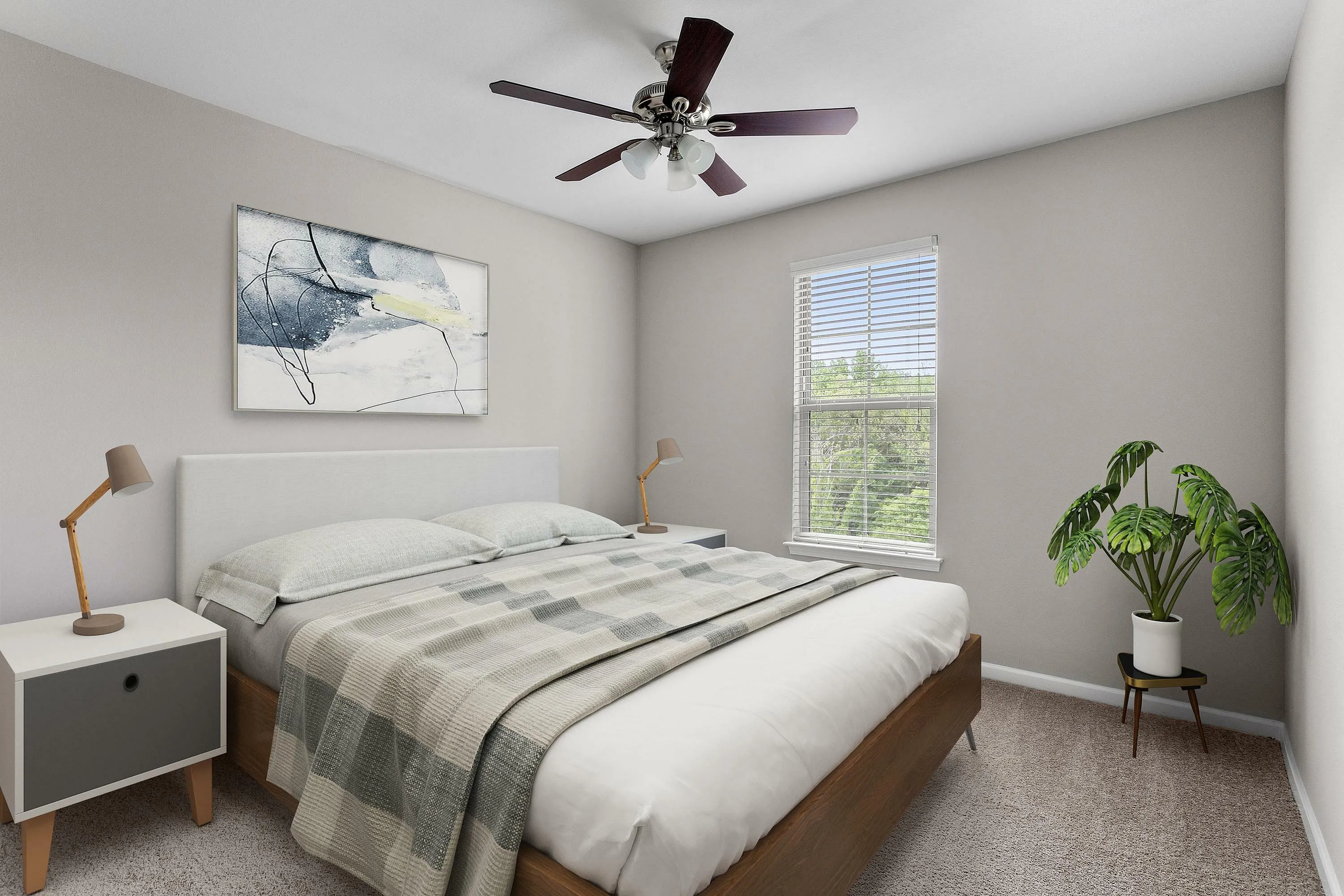 Cozy bedroom with a stylish bed, modern artwork, and a lush potted plant near the window.
