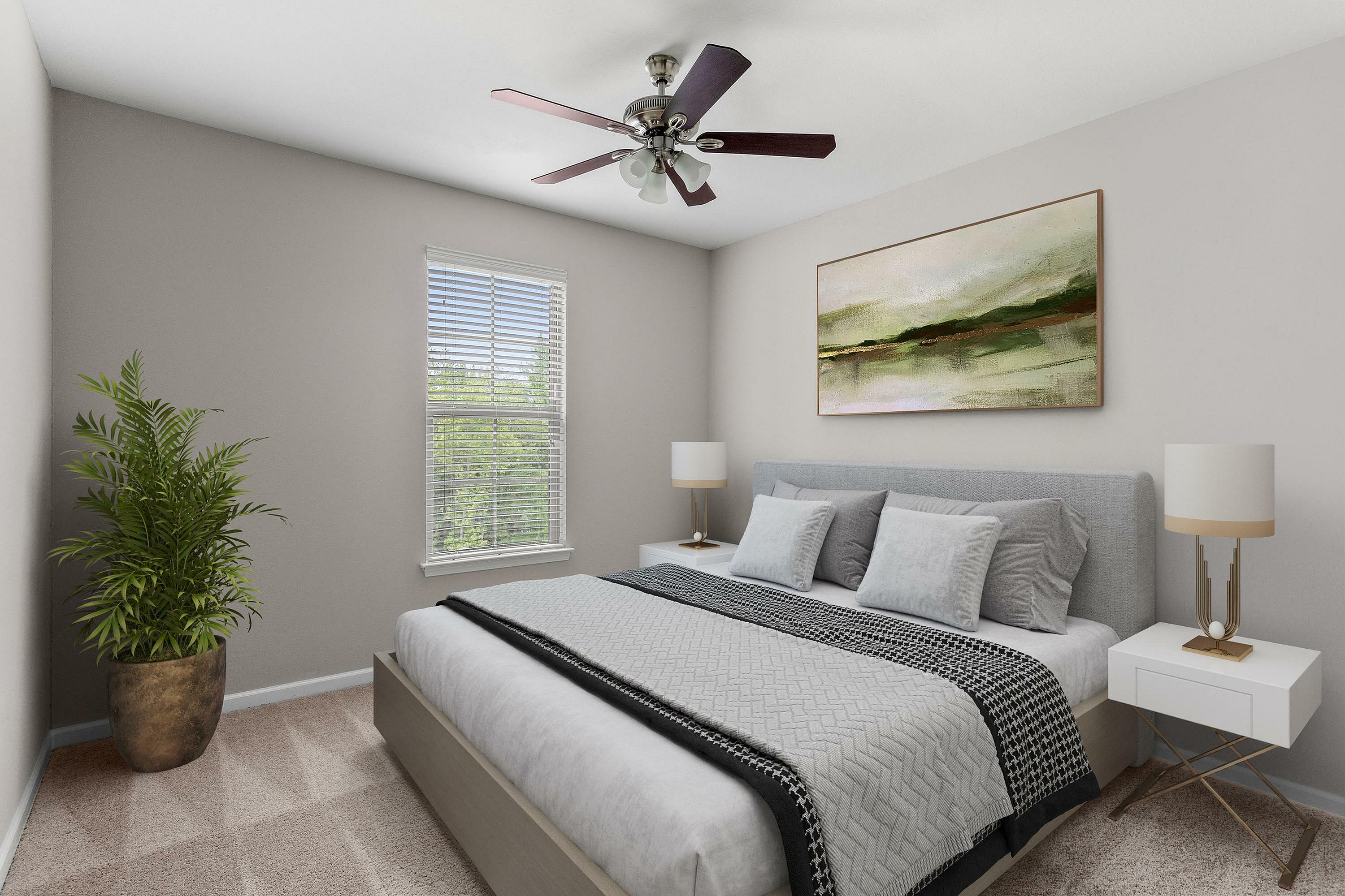Sophisticated bedroom design featuring a cozy bed with stylish bedding, modern lamps, and a lush plant near the window.