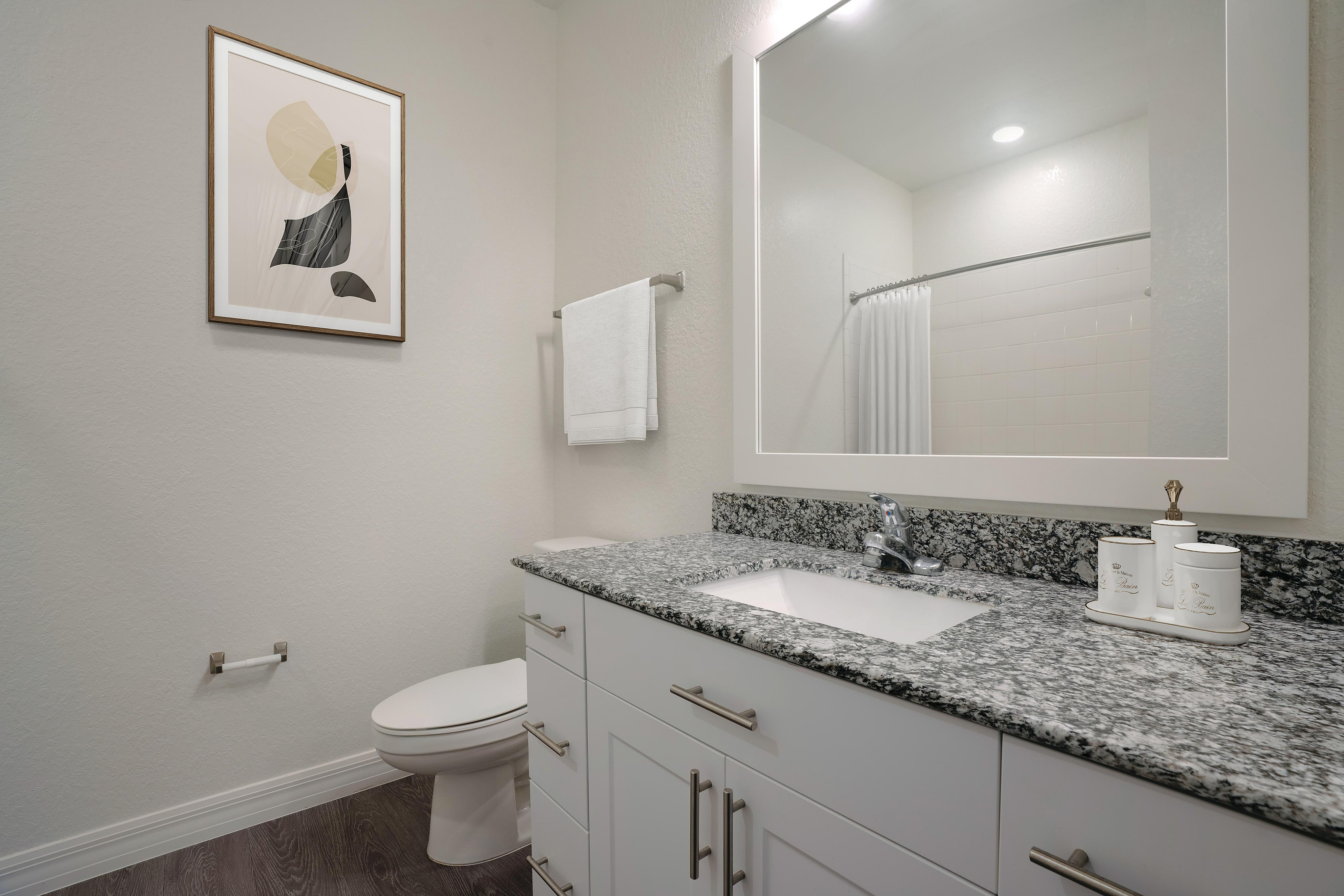 Chic bathroom featuring a granite countertop, modern fixtures, and stylish wall art.