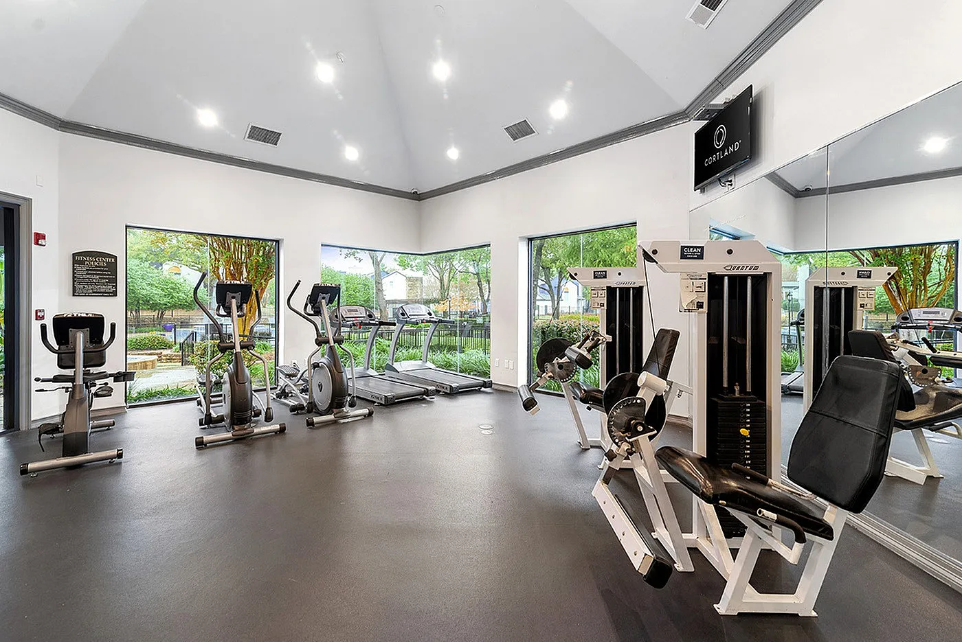 Modern fitness center with large windows, featuring cardio machines and weightlifting equipment in a bright, airy space.
