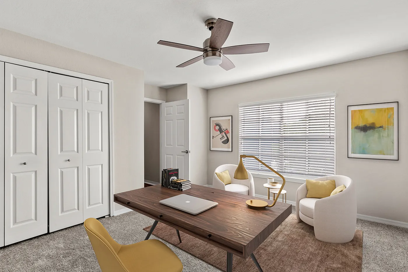 Chic home office with a sleek wooden desk, modern decor, and abundant natural light.