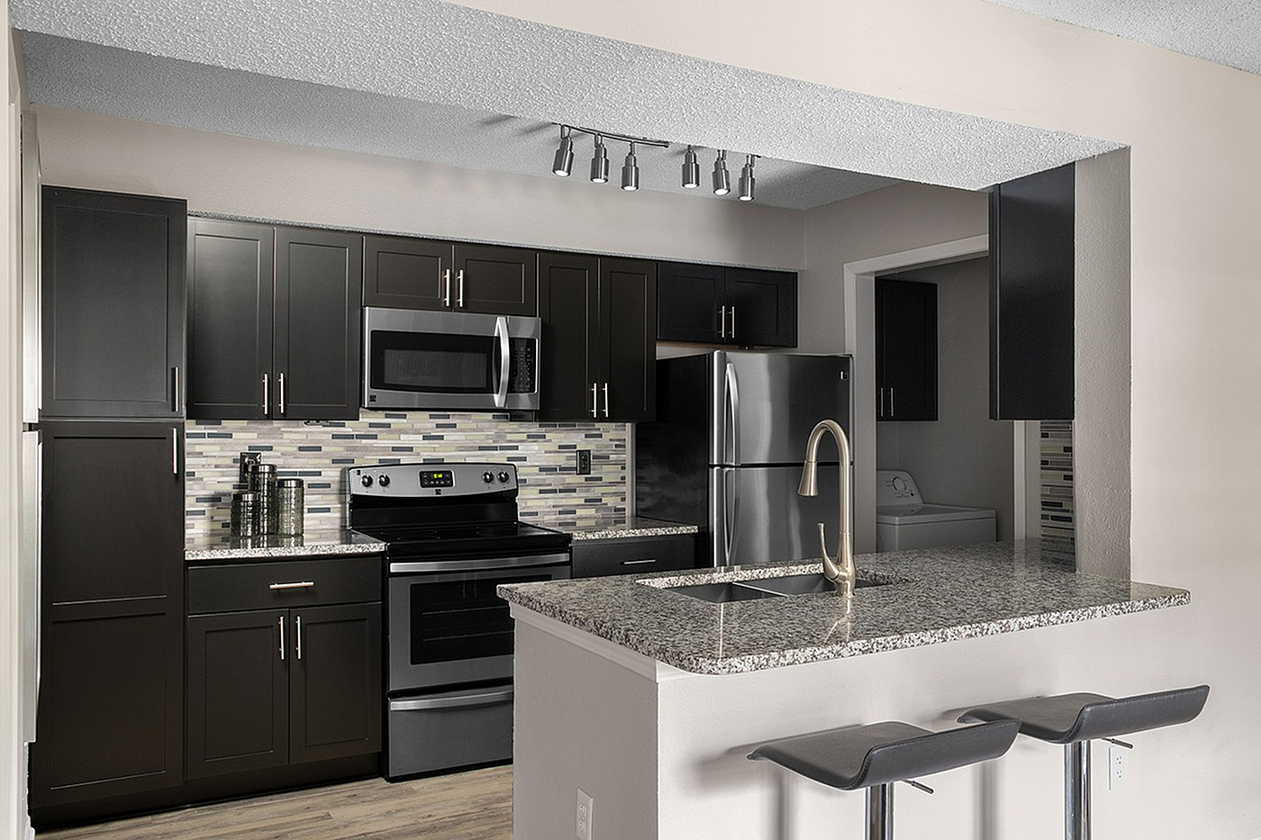 Modern kitchen with sleek black cabinets, stainless steel appliances, and elegant granite countertops, enhanced by designer lighting and a stylish backsplash.