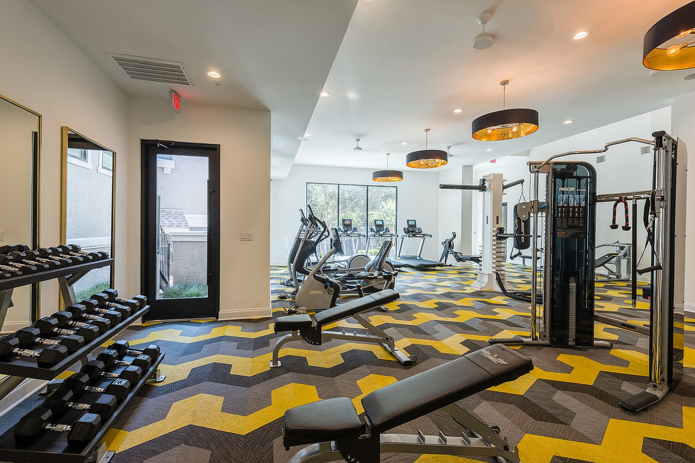 Modern fitness center with state-of-the-art equipment, vibrant geometric carpeting, and large windows for natural light.
