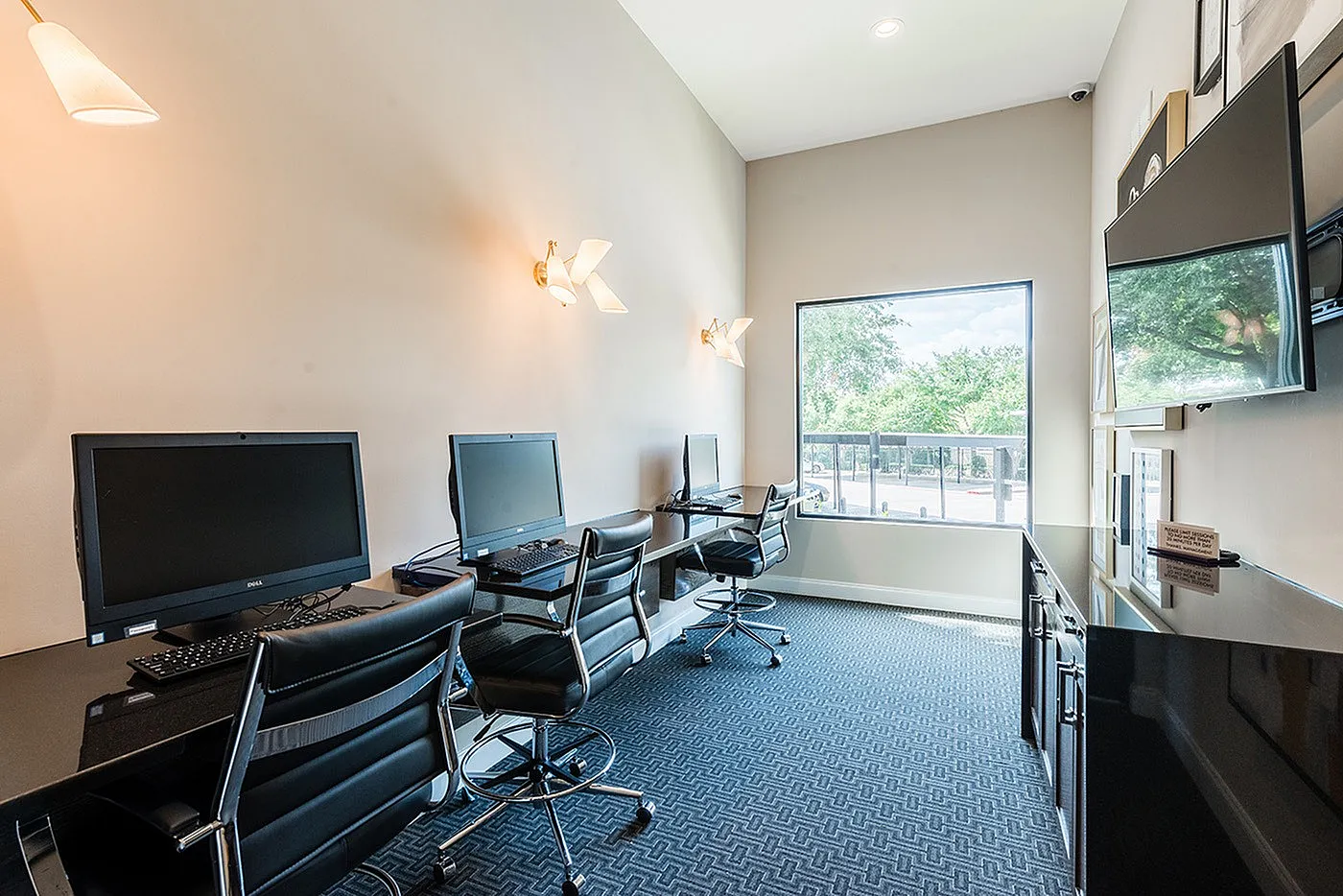 Modern apartment business center with sleek workstations, stylish chairs, and natural light from large window creating an inspiring workspace.