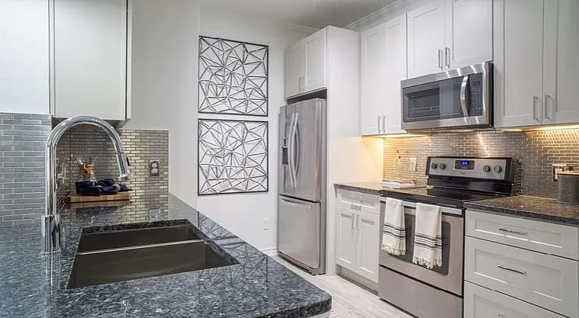 Modern kitchen with sleek stainless steel appliances, elegant white cabinetry, and a stylish granite countertop.