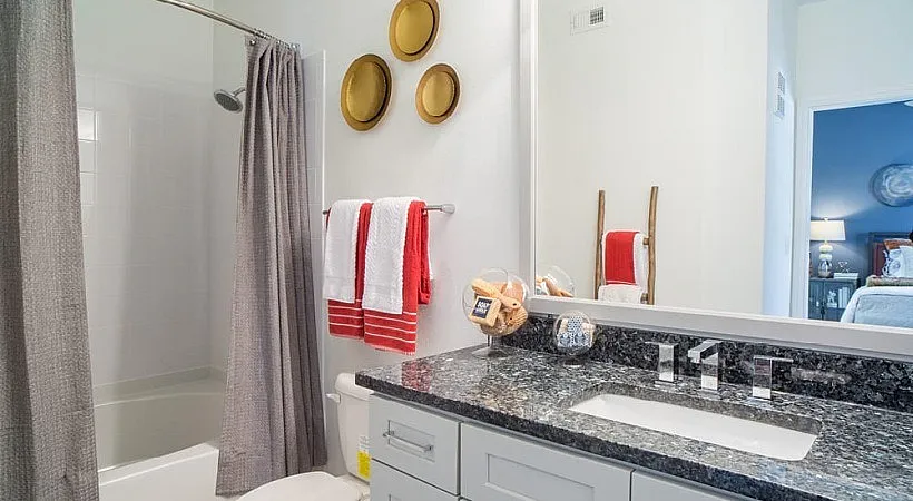 Contemporary bathroom with elegant granite countertop, modern fixtures, and vibrant red accents, offering a stylish touch.