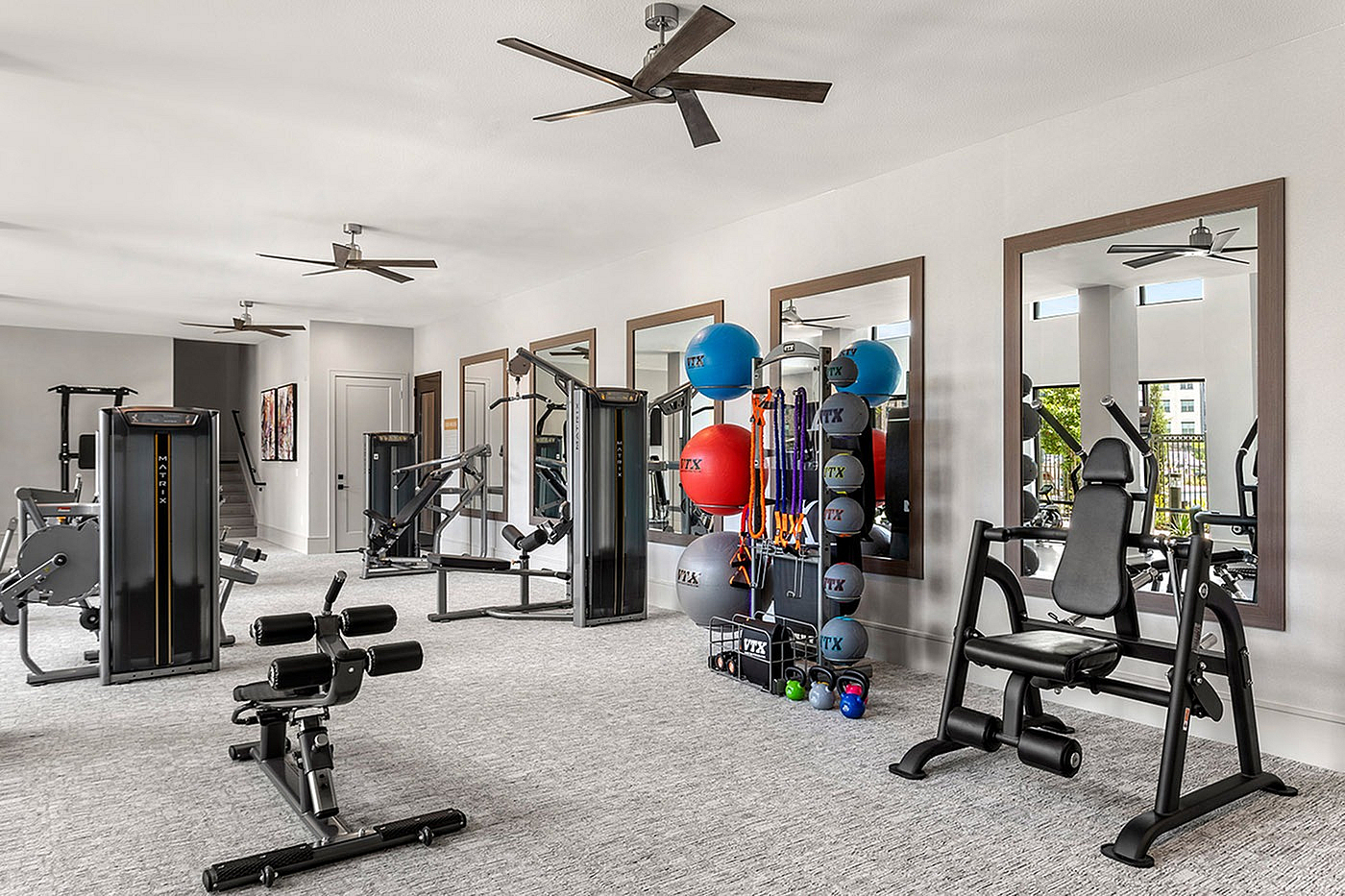 Modern fitness center with state-of-the-art equipment, free weights, and a variety of strength training machines.