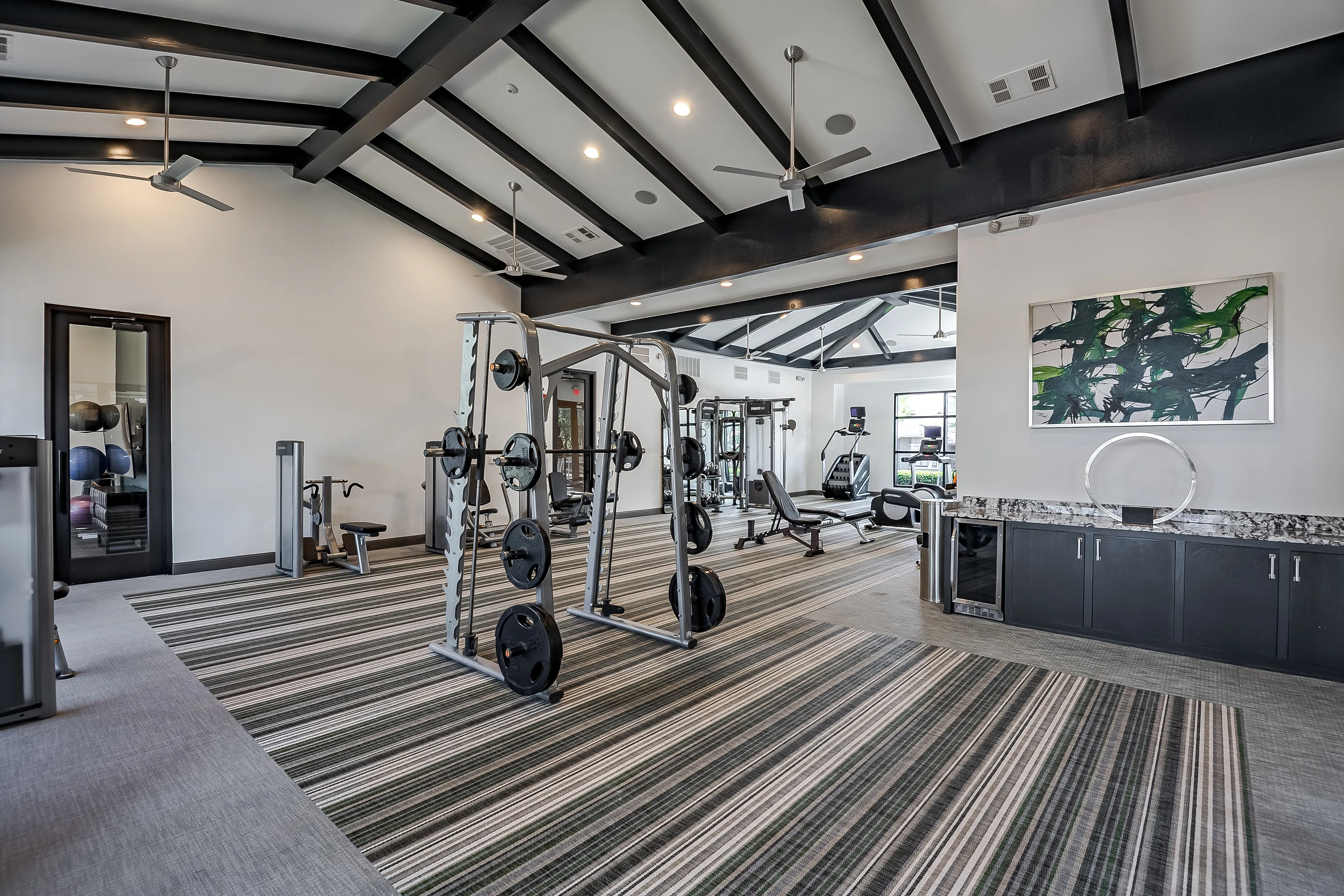 Modern gym facility with professional-grade fitness equipment, stylish striped carpeting, and sleek high ceilings.