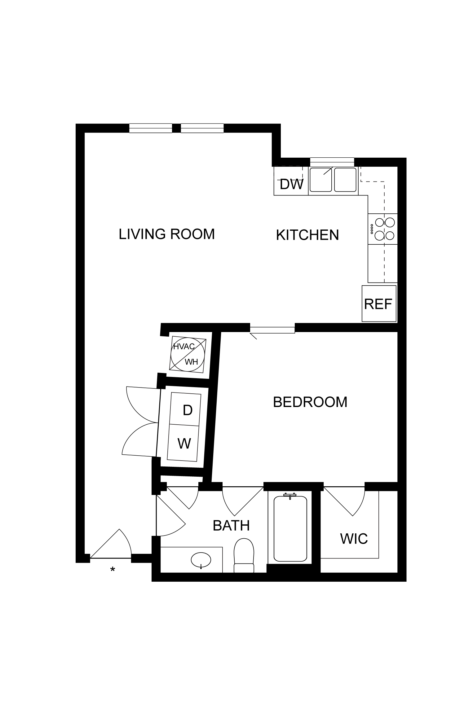 Contemporary floor plan featuring 1 bedroom, open-concept living room, and efficient kitchen.