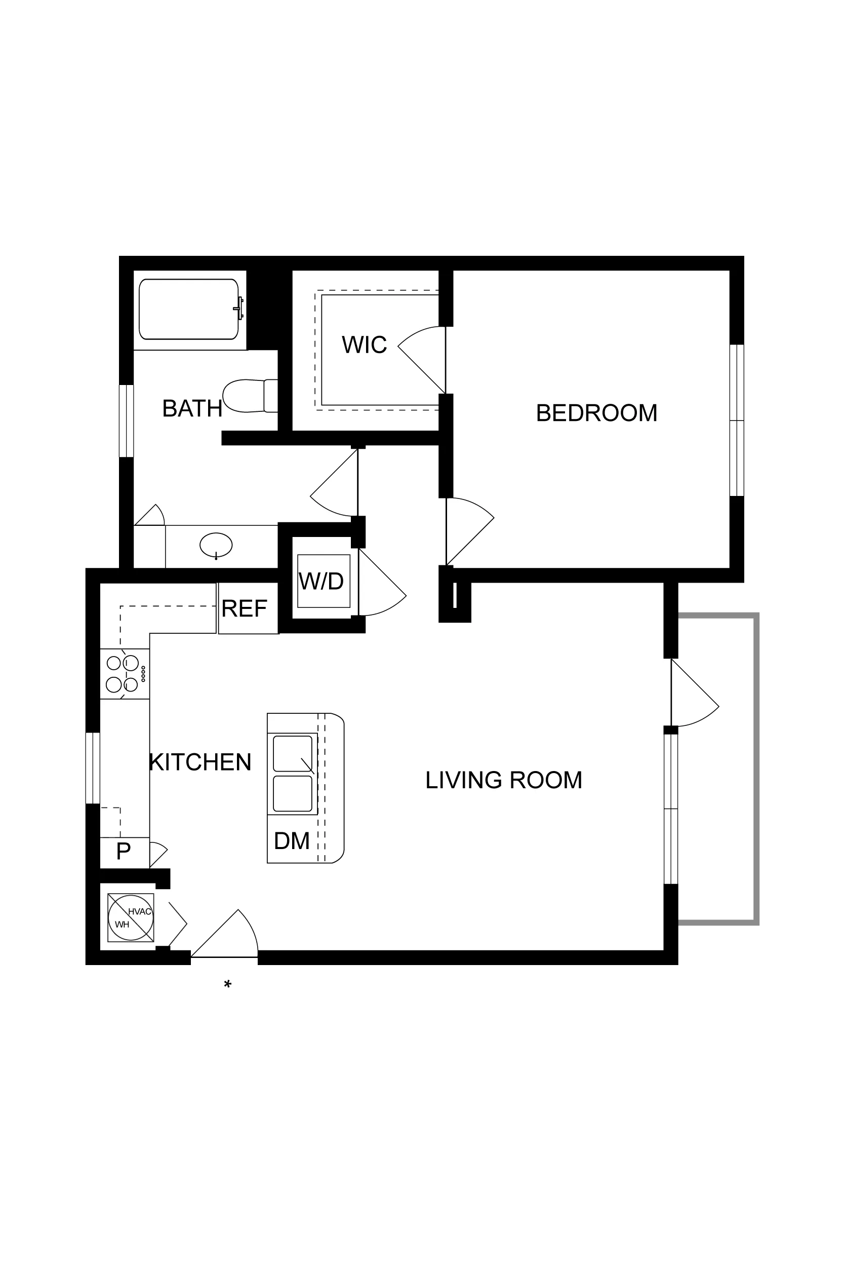 Modern 2D floor plan featuring a large bedroom, an open living room, and a stylish kitchen.