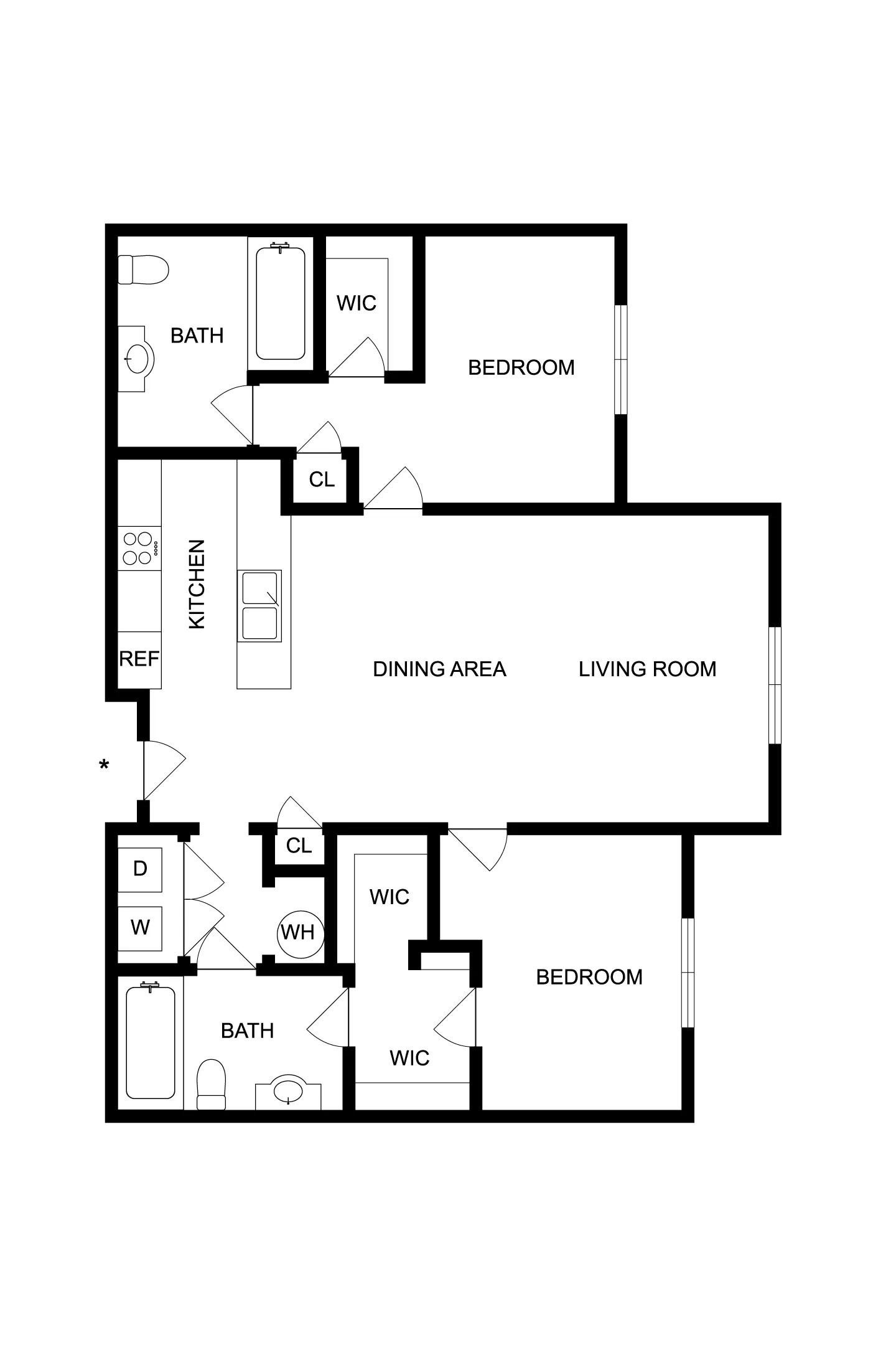 Elegant 2D floor plan featuring 2 bedrooms, a living room, dining area, and kitchen with walk-in closets and bathrooms.