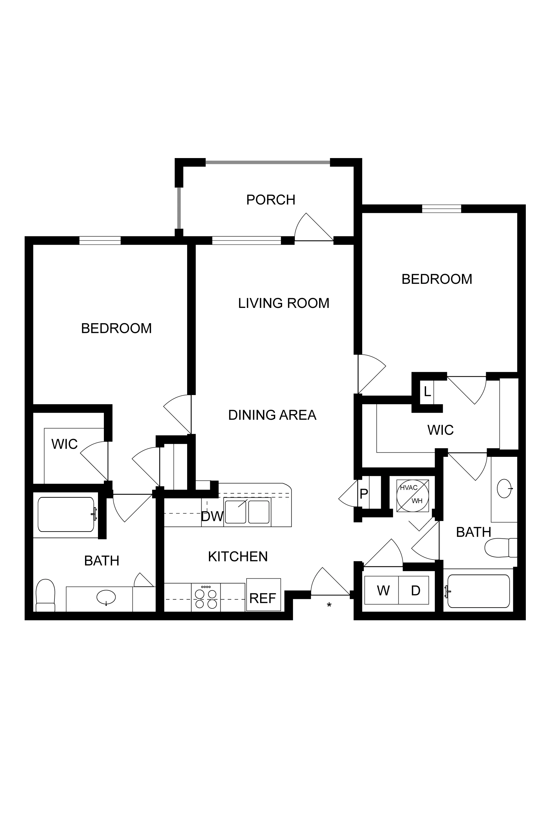 Contemporary floor plan with two bedrooms, open living and dining area, modern kitchen, and two bathrooms.