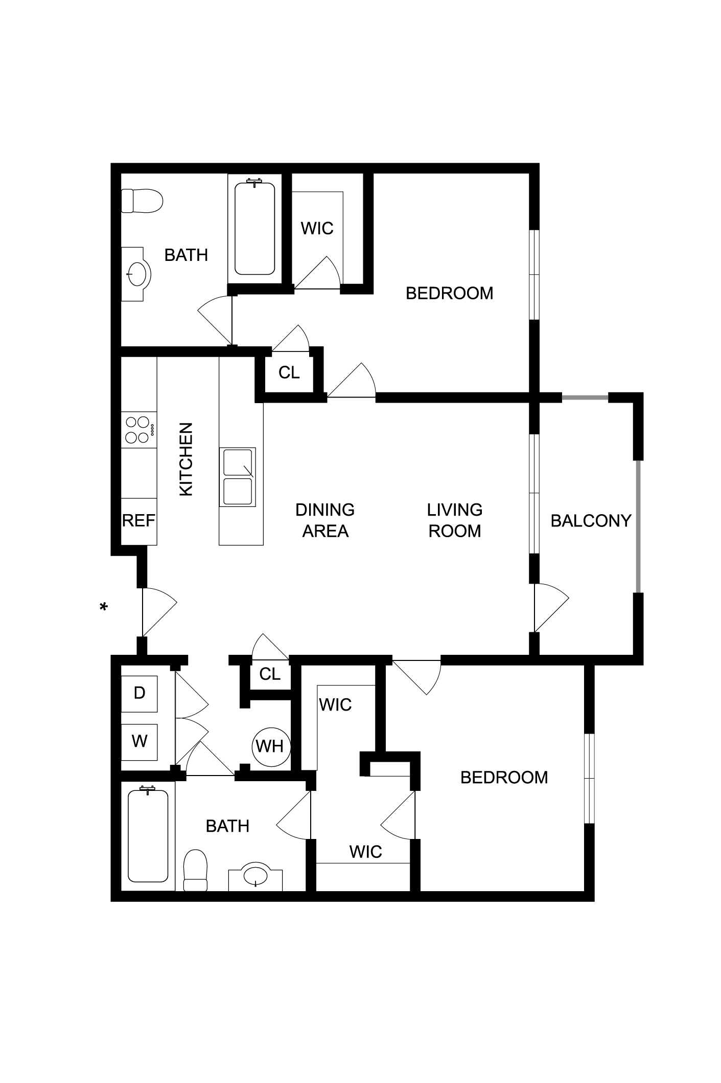 Detailed floor plan with 2 bedrooms, open-concept living and dining area, kitchen, and balcony.