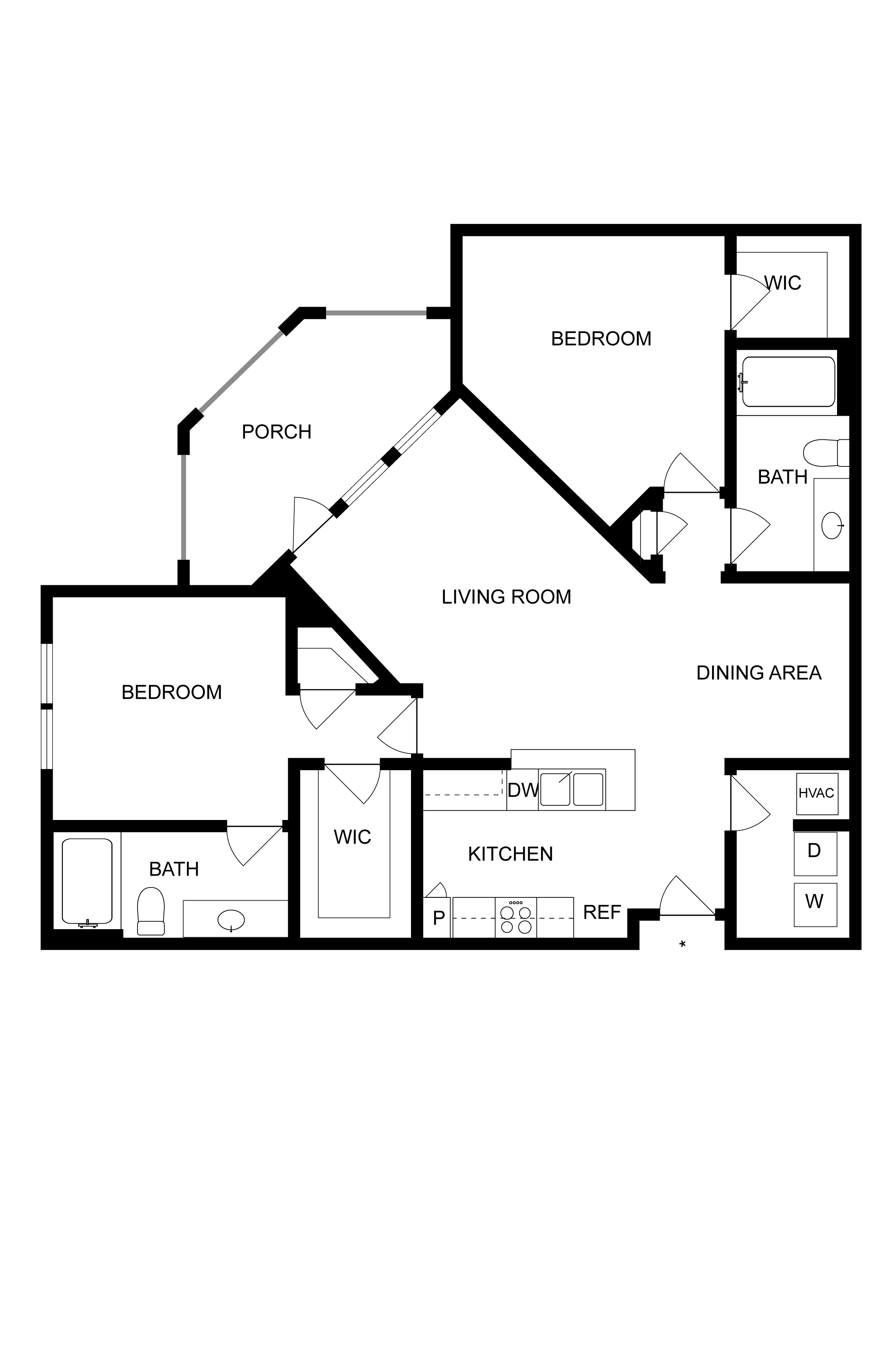 Elegant 2D floor plan featuring 2 bedrooms, an open living room, kitchen, and dining area with porch access.