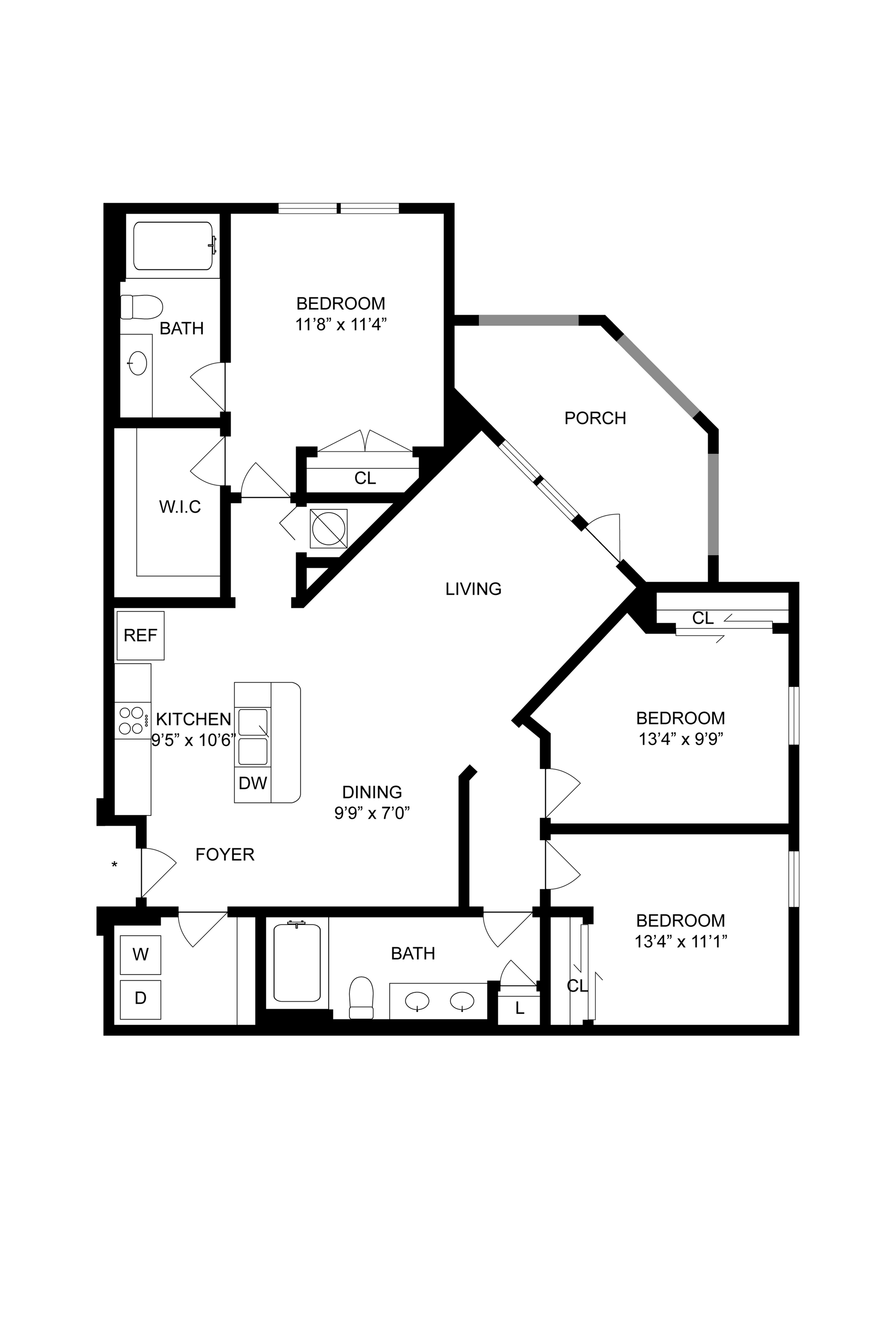 3-bedroom floor plan with open living area, spacious kitchen, and cozy porch.