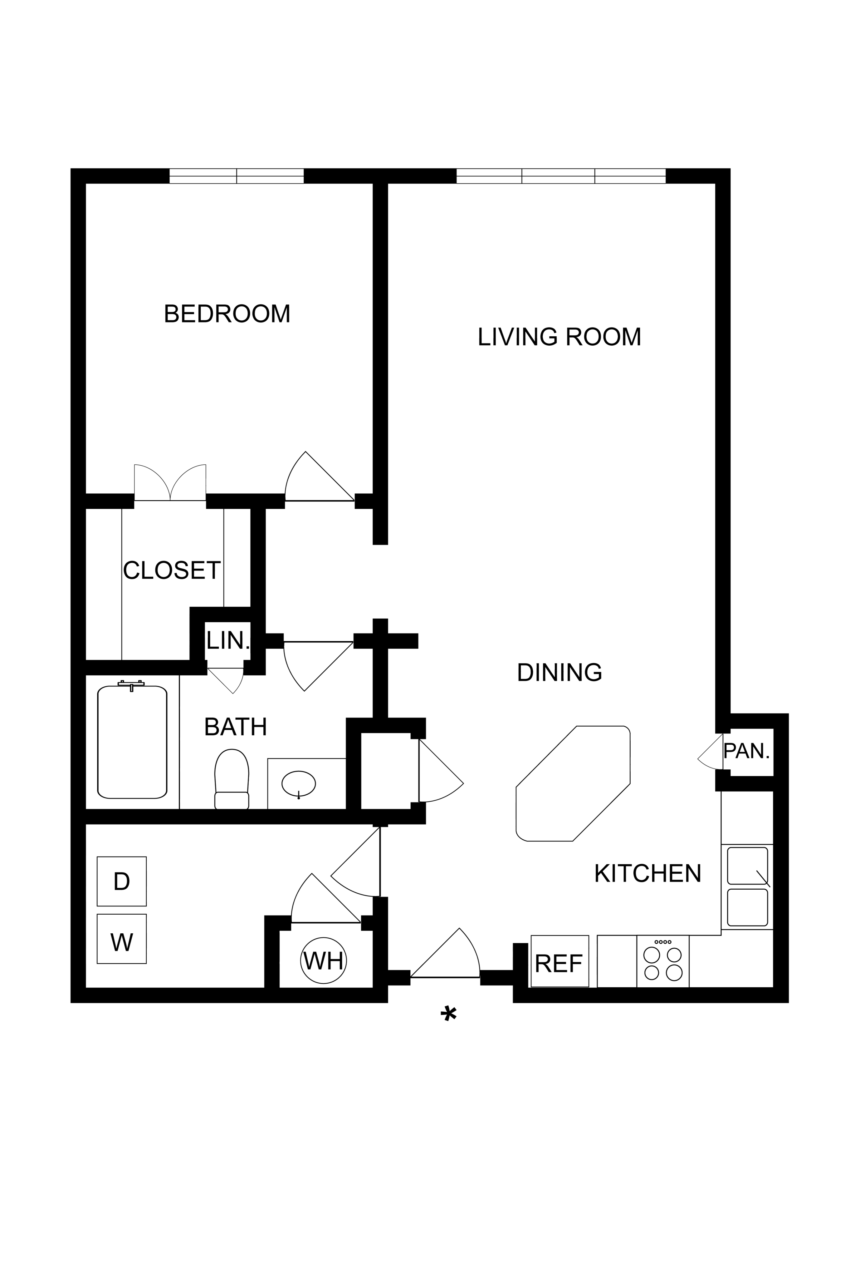 2D floor plan illustrating a 1-bedroom apartment with a spacious living room, dining area, and modern kitchen.