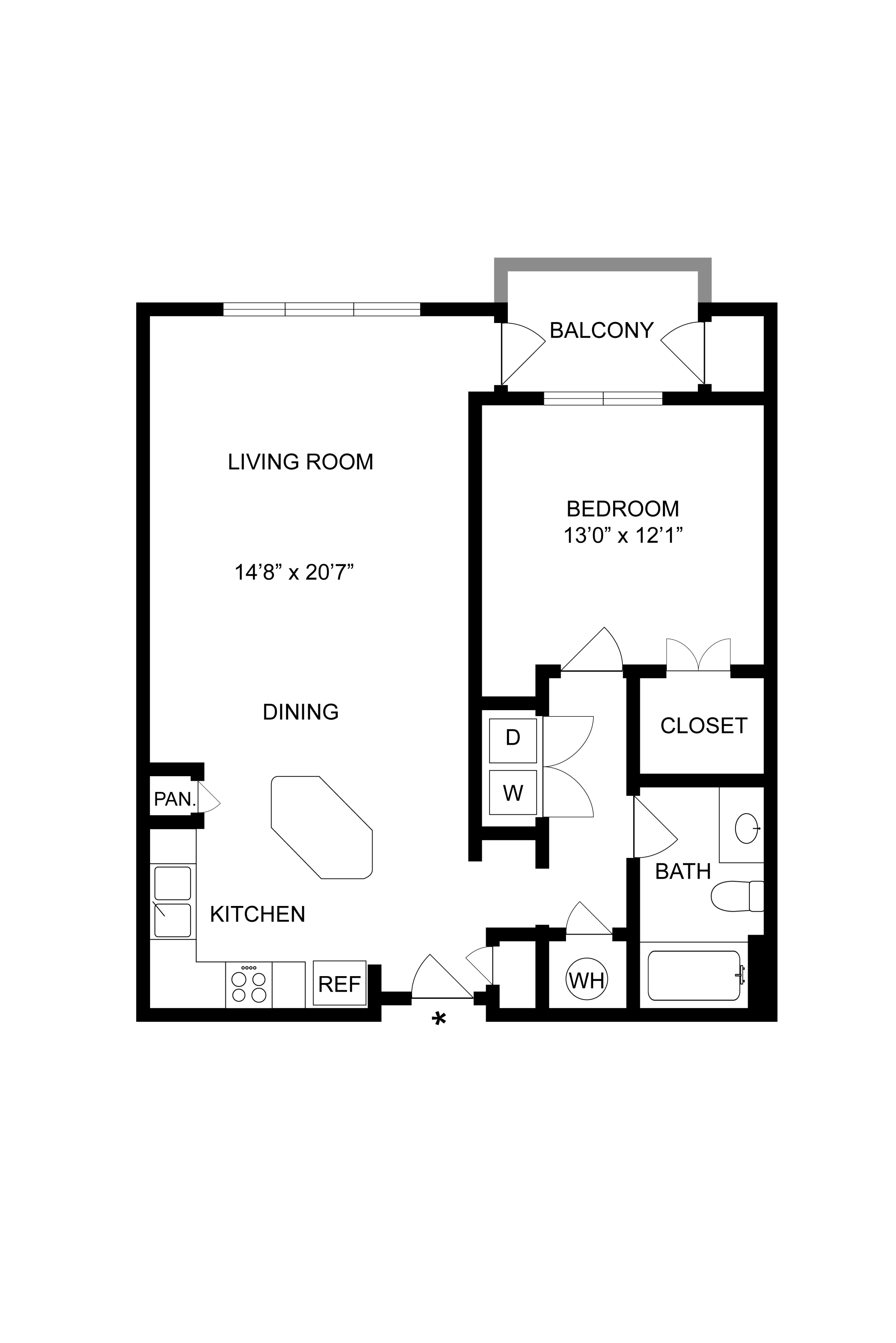 Modern floor plan with 1 bedroom, open living and dining area, kitchen, and balcony.