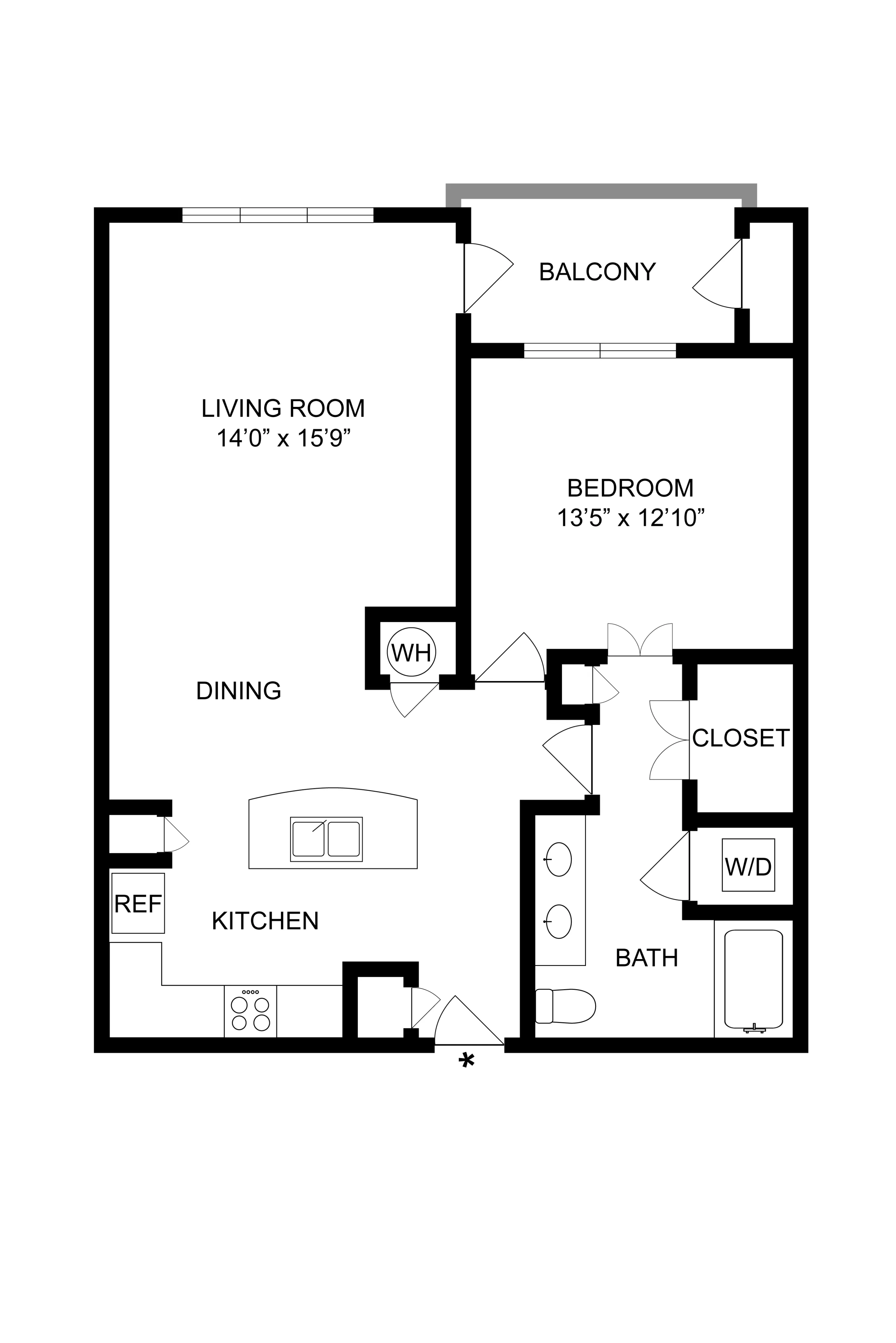 Innovative one-bedroom apartment layout featuring a spacious balcony, open kitchen, and cozy living room.