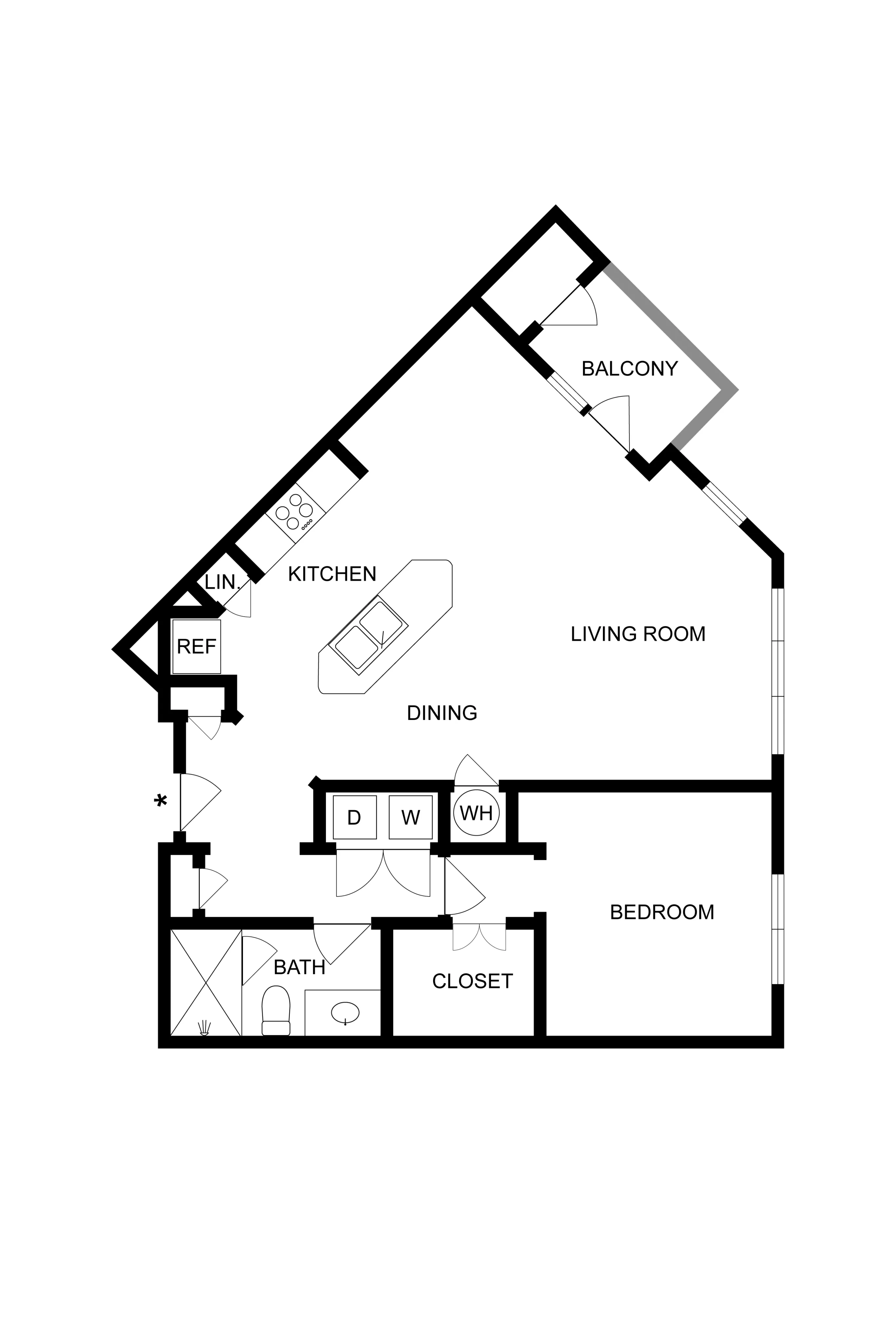 Elegant floor plan featuring a spacious bedroom, modern kitchen, and open living area with balcony access.