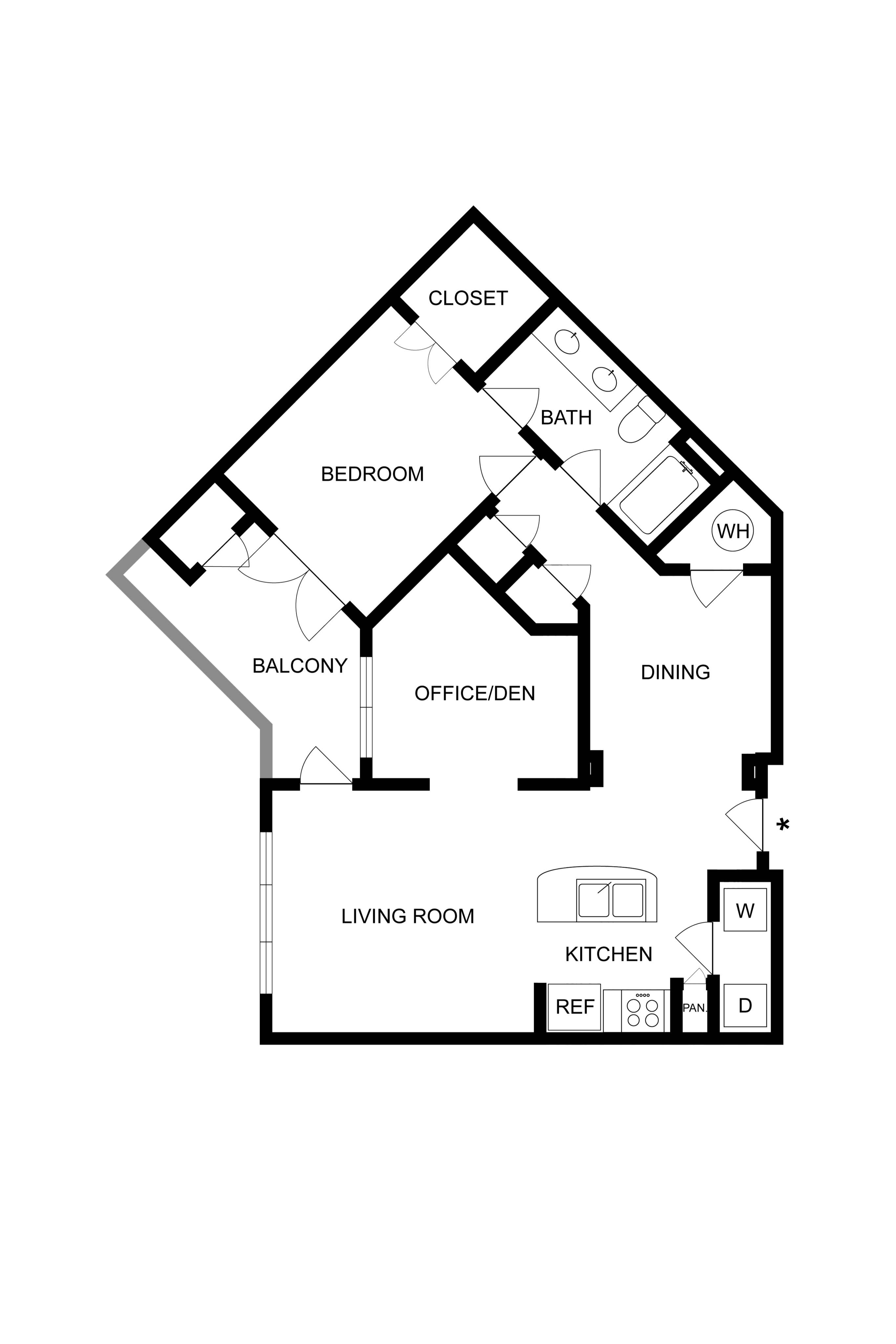 Innovative floor plan showcasing a bedroom, office/den, spacious living area, and a modern kitchen with adjacent dining space.