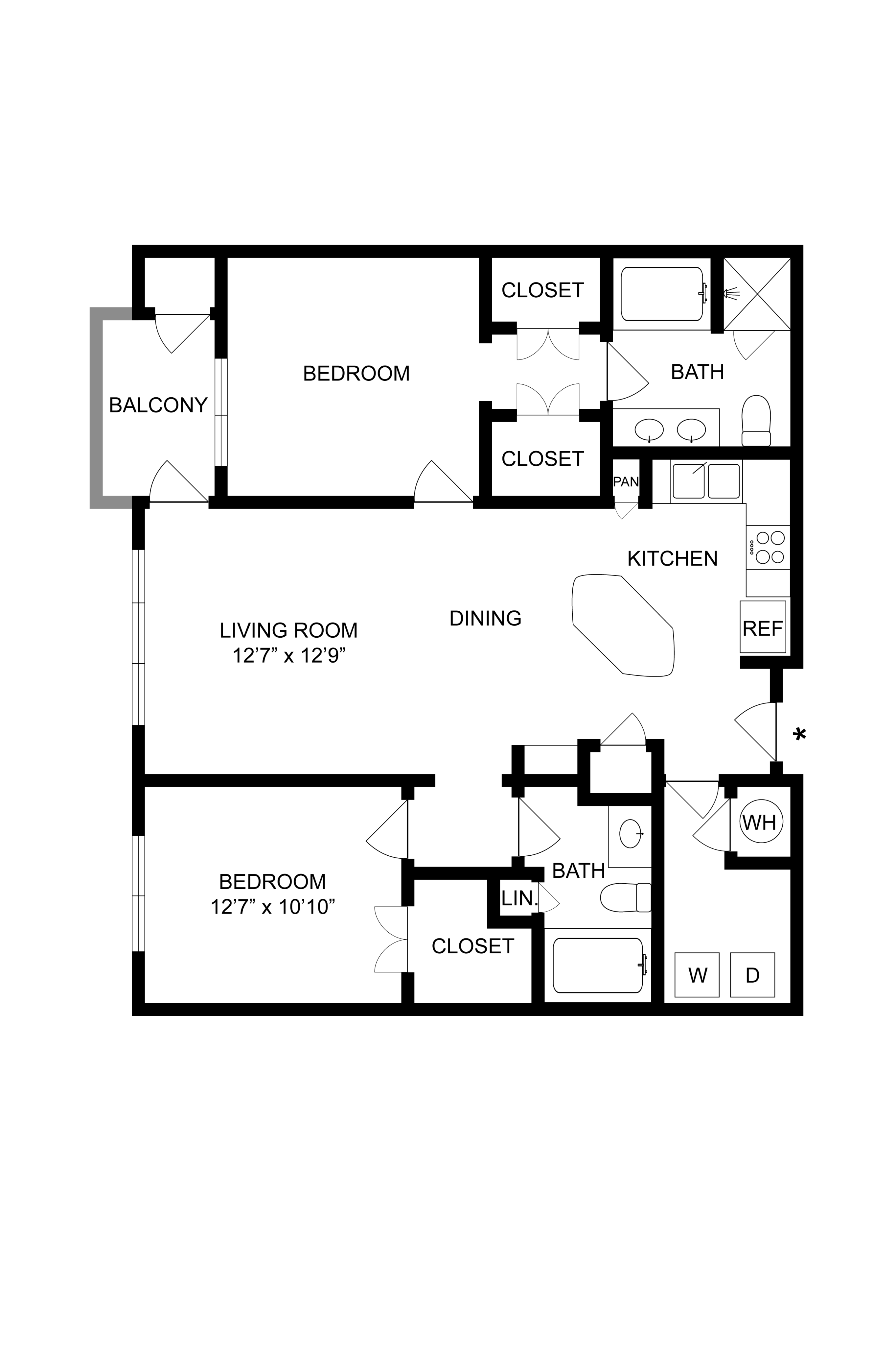 Efficient floor plan featuring 2 bedrooms, spacious living room, dining area, and modern kitchen with balcony access.