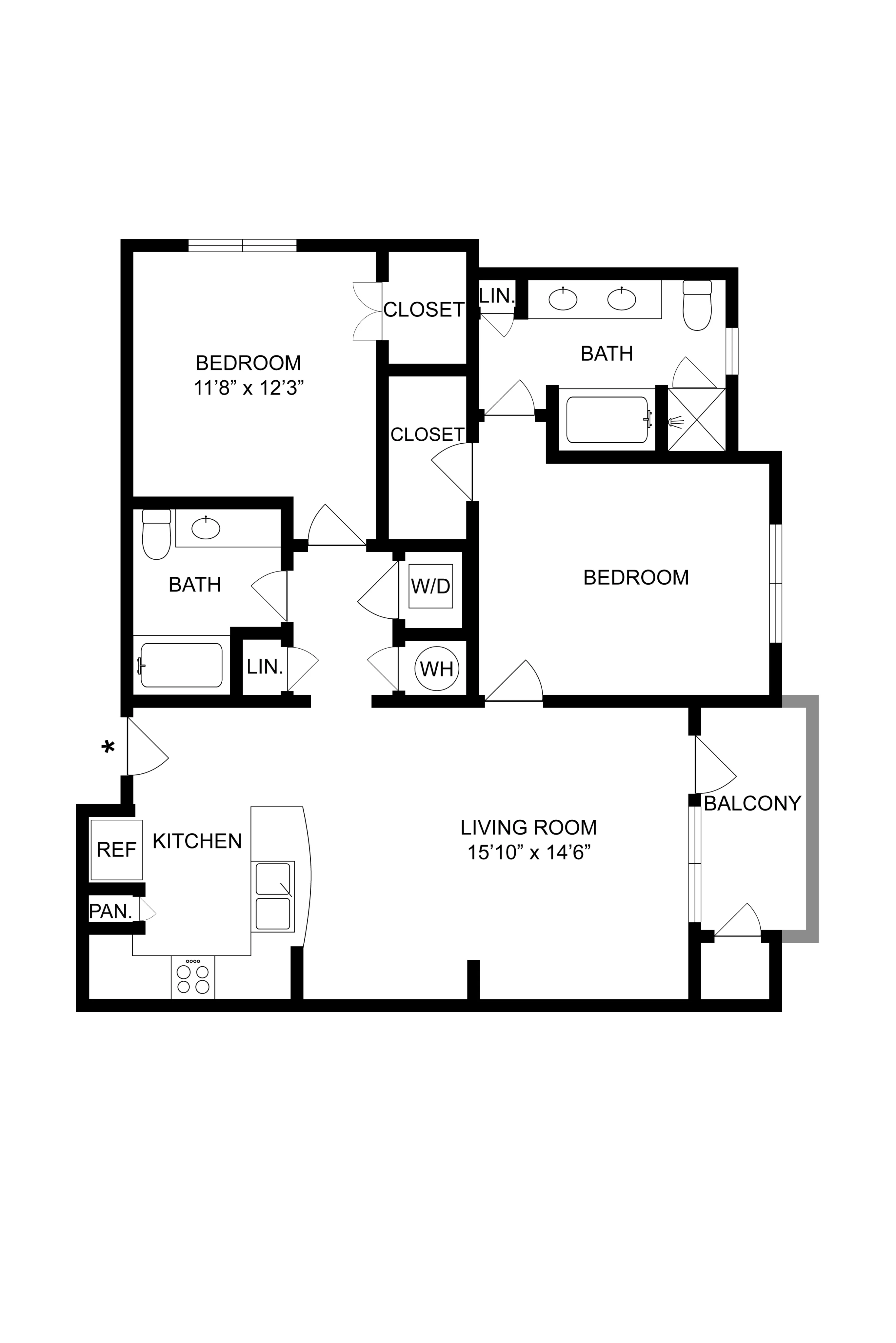 Elegant 2D floor plan featuring 2 bedrooms, large living room, 2 bathrooms, kitchen with pantry, and private balcony.