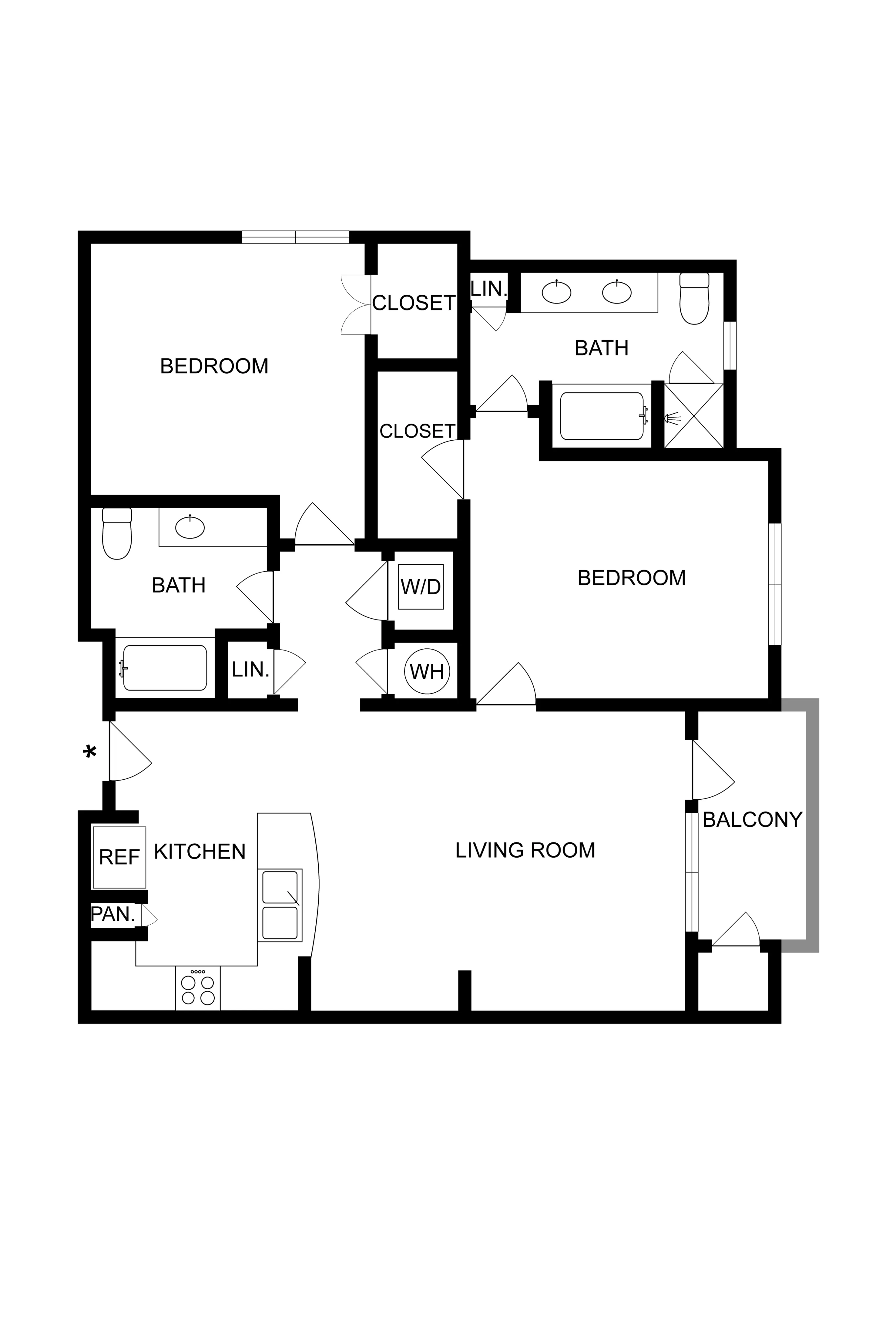 Detailed floor plan featuring two bedrooms, two bathrooms, an open living room, and a kitchen with balcony access.