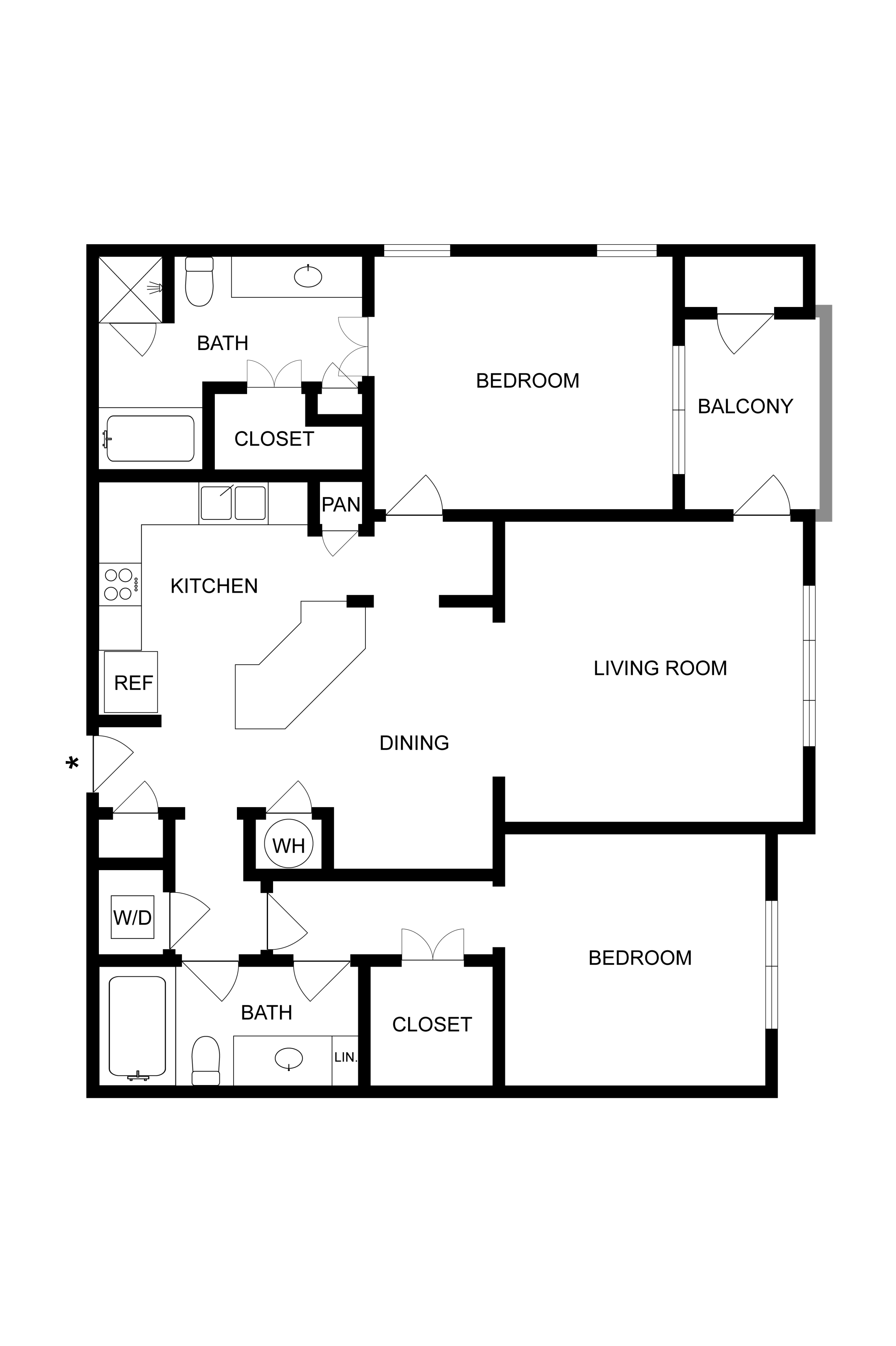 Contemporary floor plan featuring 2 bedrooms, an inviting living room, and a stylish kitchen with a dining area.