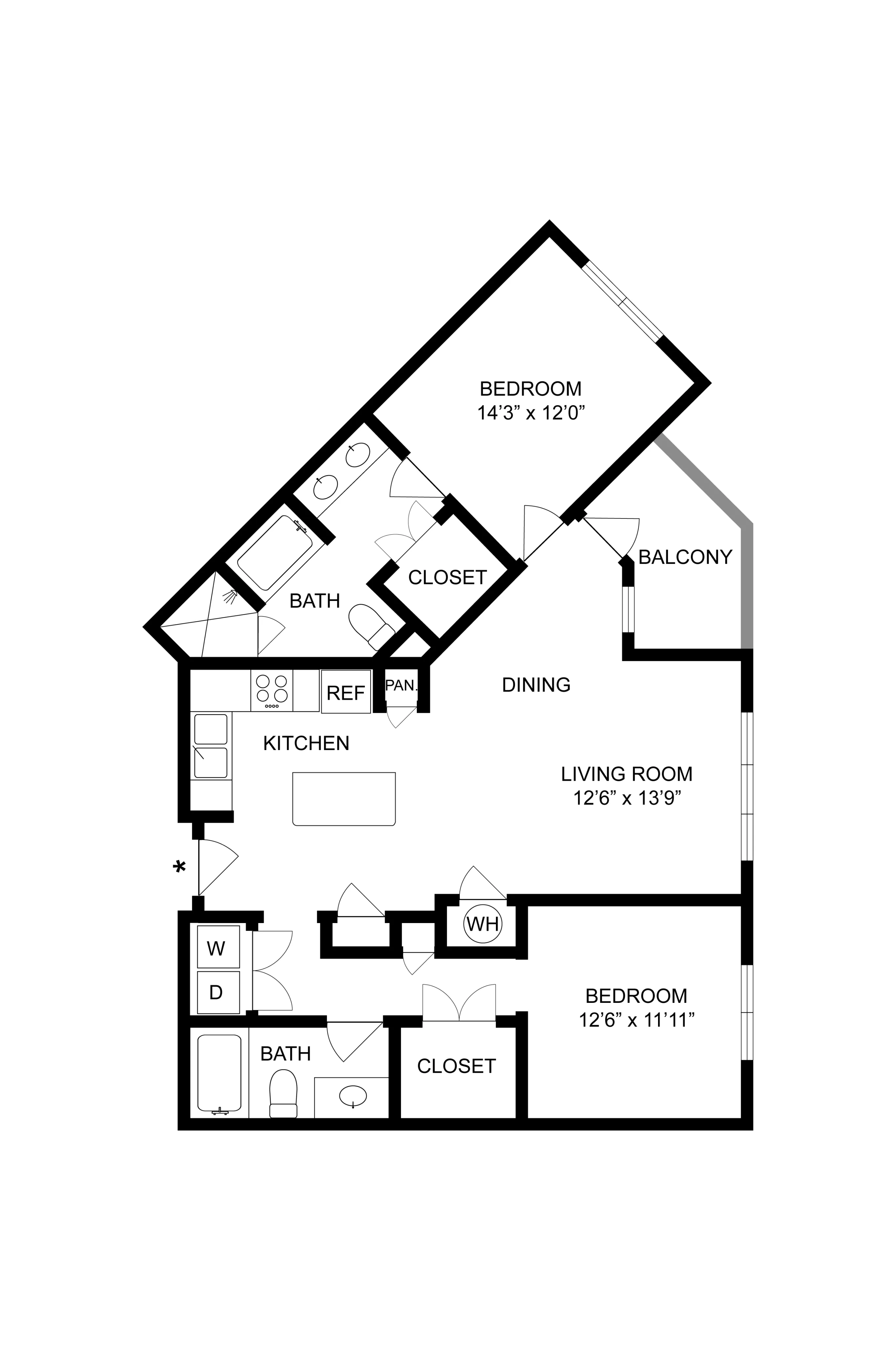 Elegant floor plan showcasing two bedrooms, a modern kitchen, and inviting living and dining areas with a balcony.