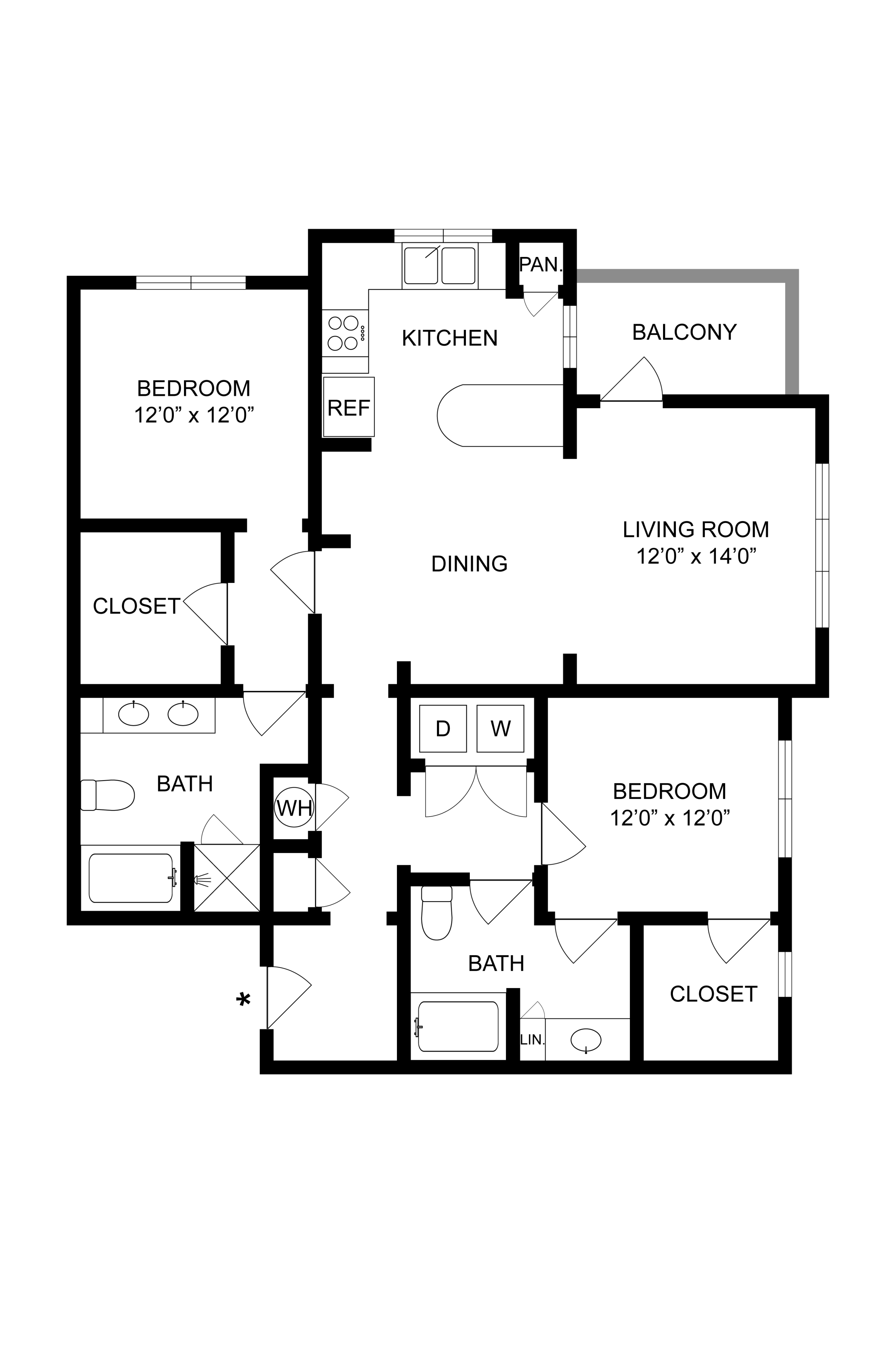 Contemporary floor plan with 2 bedrooms, open kitchen, dining area, and balcony.